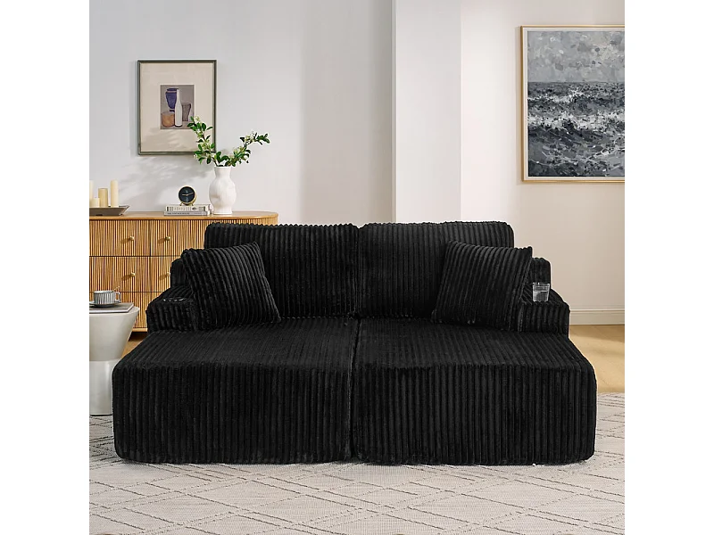 Chaise longue modulare 2 posti in velluto a coste, con portabicchieri, 186x154x78cm, Nero