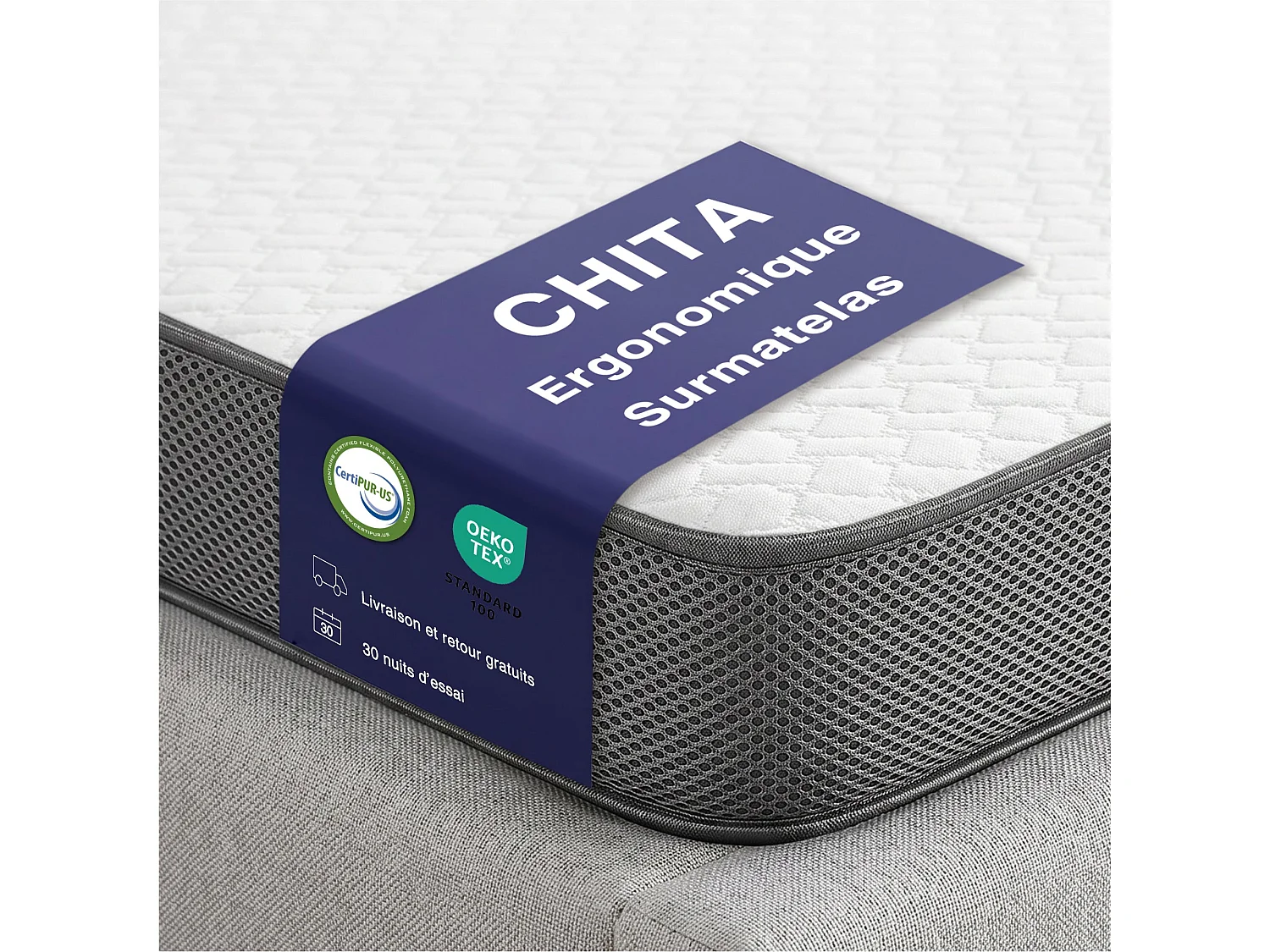 Surmatelas 90x200cm Mousse haute résilience, épaisseur 7 cm, double face – H2 (souple) / H3 (ferme)