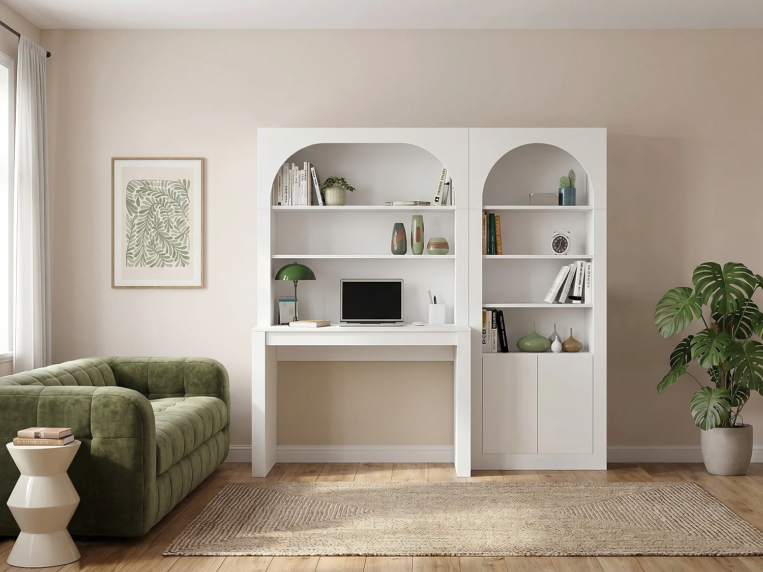 Bureau bibliothèque avec 2 étagères et 4 niches et 2 portes - Blanc - CYMORA