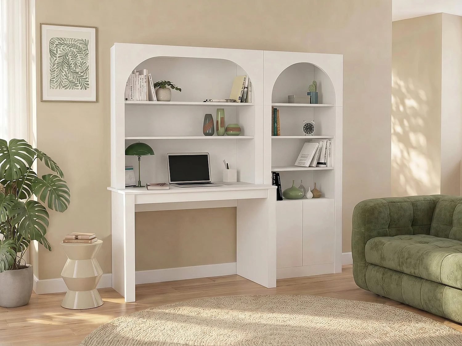 Bureau bibliothèque avec 2 étagères et 4 niches et 2 portes - Blanc - CYMORA