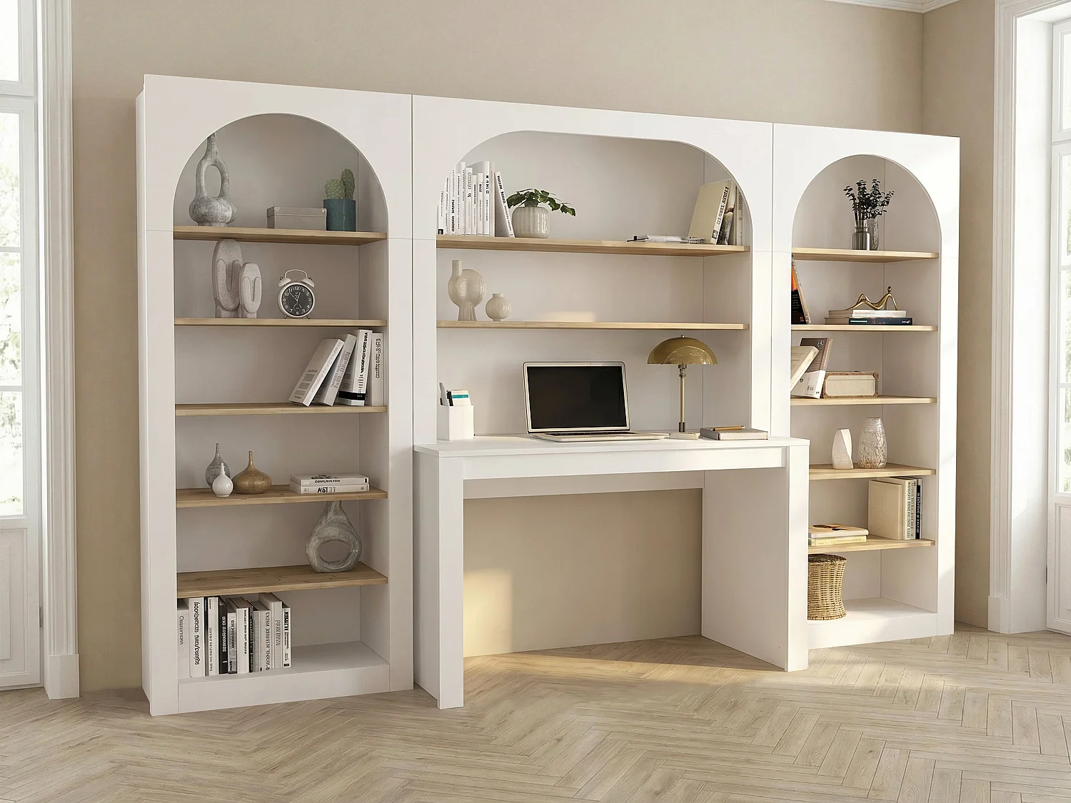 Bureau bibliothèque avec 2 étagères et 12 niches - Blanc et naturel - CYMORA