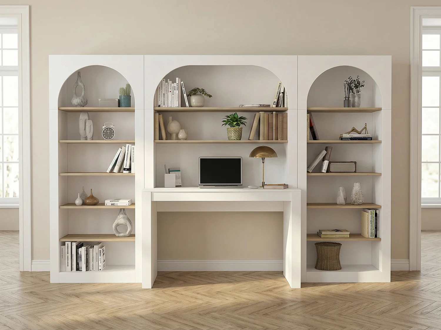 Bureau bibliothèque avec 2 étagères et 12 niches - Blanc et naturel - CYMORA