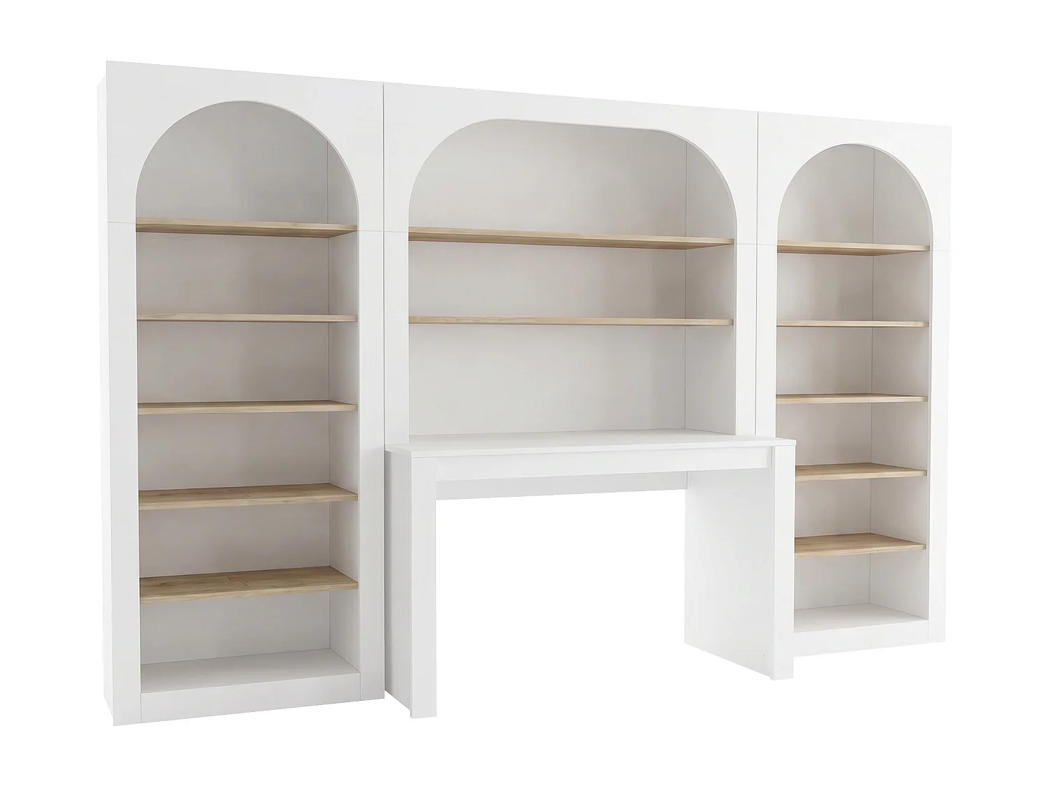Bureau bibliothèque avec 2 étagères et 12 niches - Blanc et naturel - CYMORA