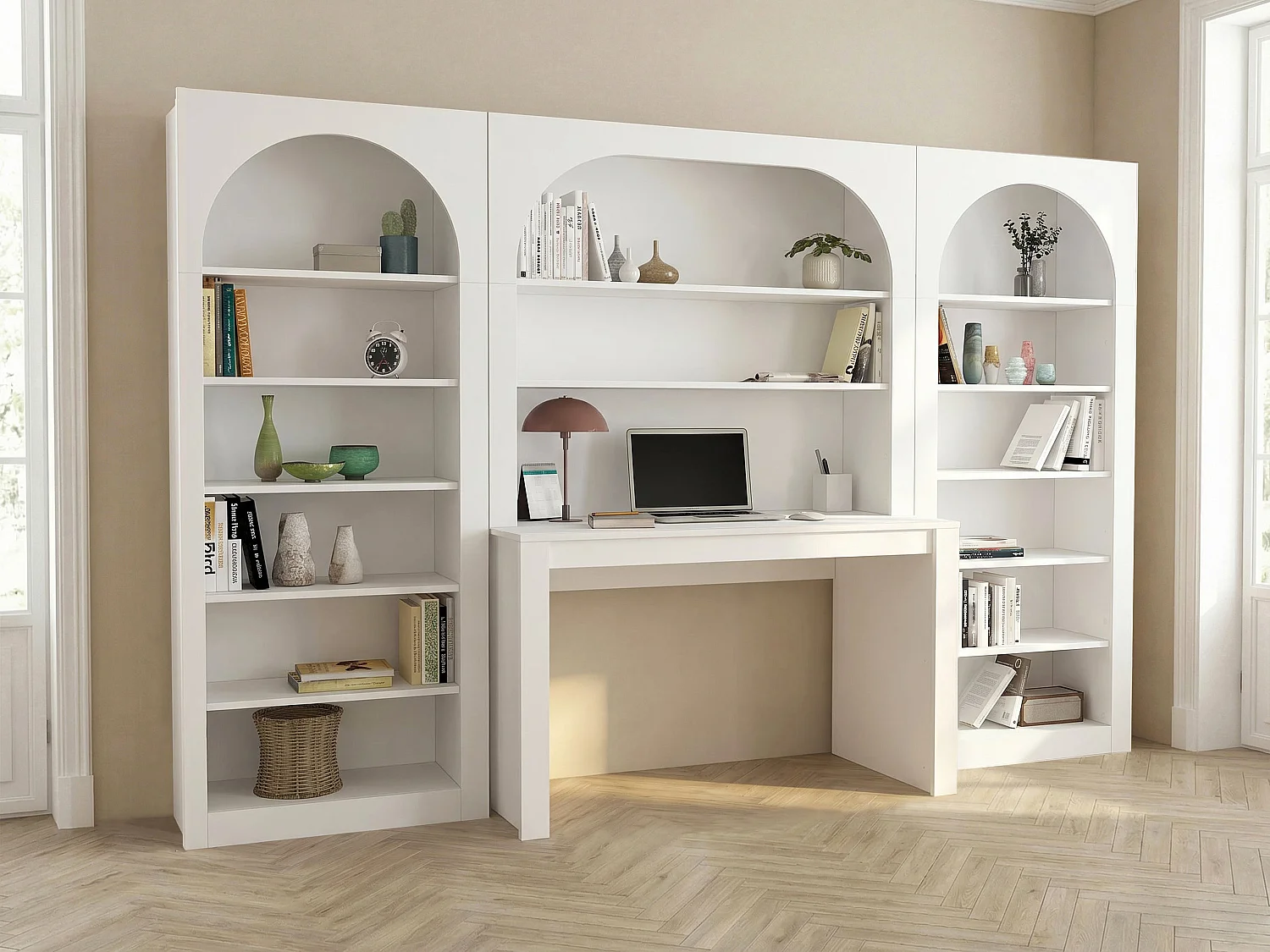 Bureau bibliothèque avec 2 étagères et 12 niches - Blanc - CYMORA