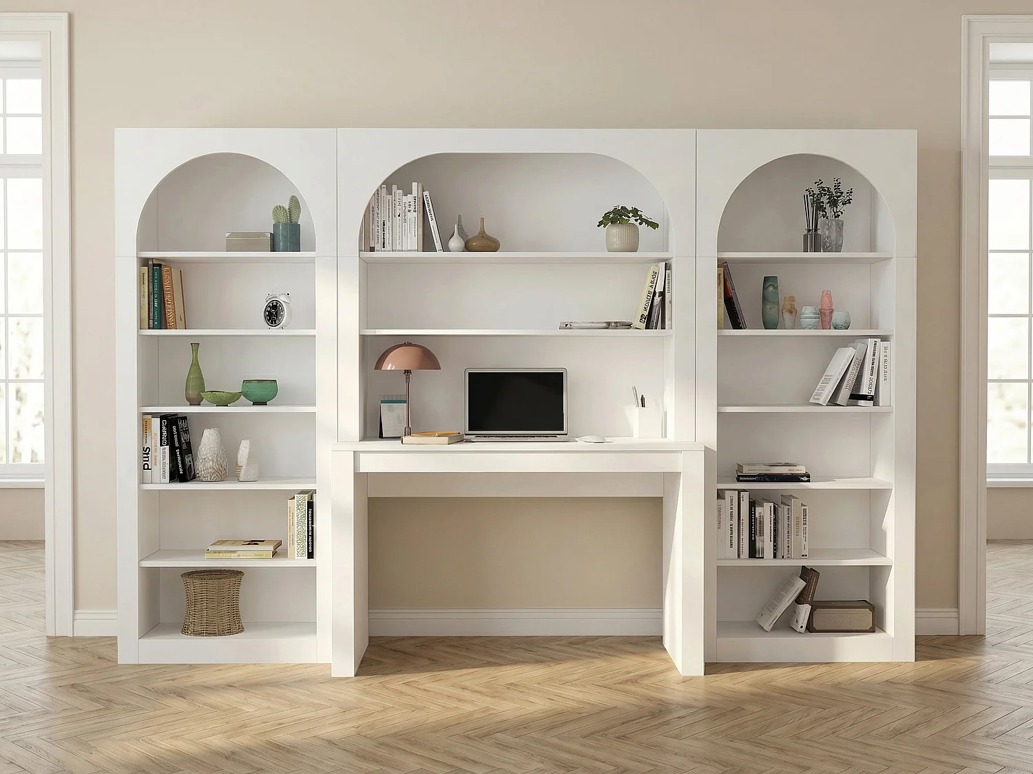 Bureau bibliothèque avec 2 étagères et 12 niches - Blanc - CYMORA