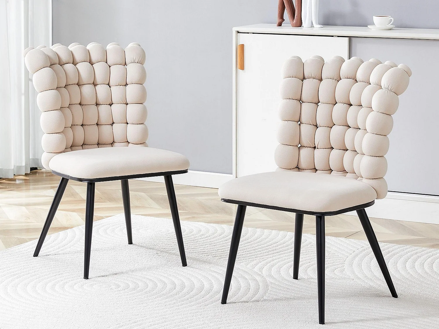 Set van 2 Stoelen Velours Perle Bloc, Design Stoel met Vierkante Kralen Rugleuning, Goud/Zwart Metalen Poten