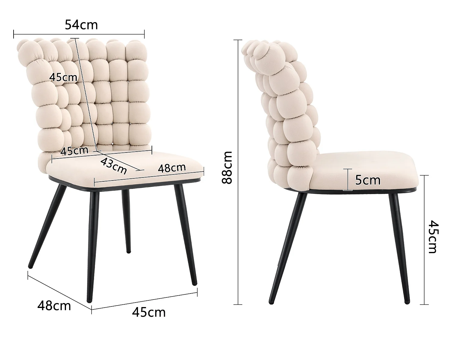 Set van 2 Stoelen Velours Perle Bloc, Design Stoel met Vierkante Kralen Rugleuning, Goud/Zwart Metalen Poten