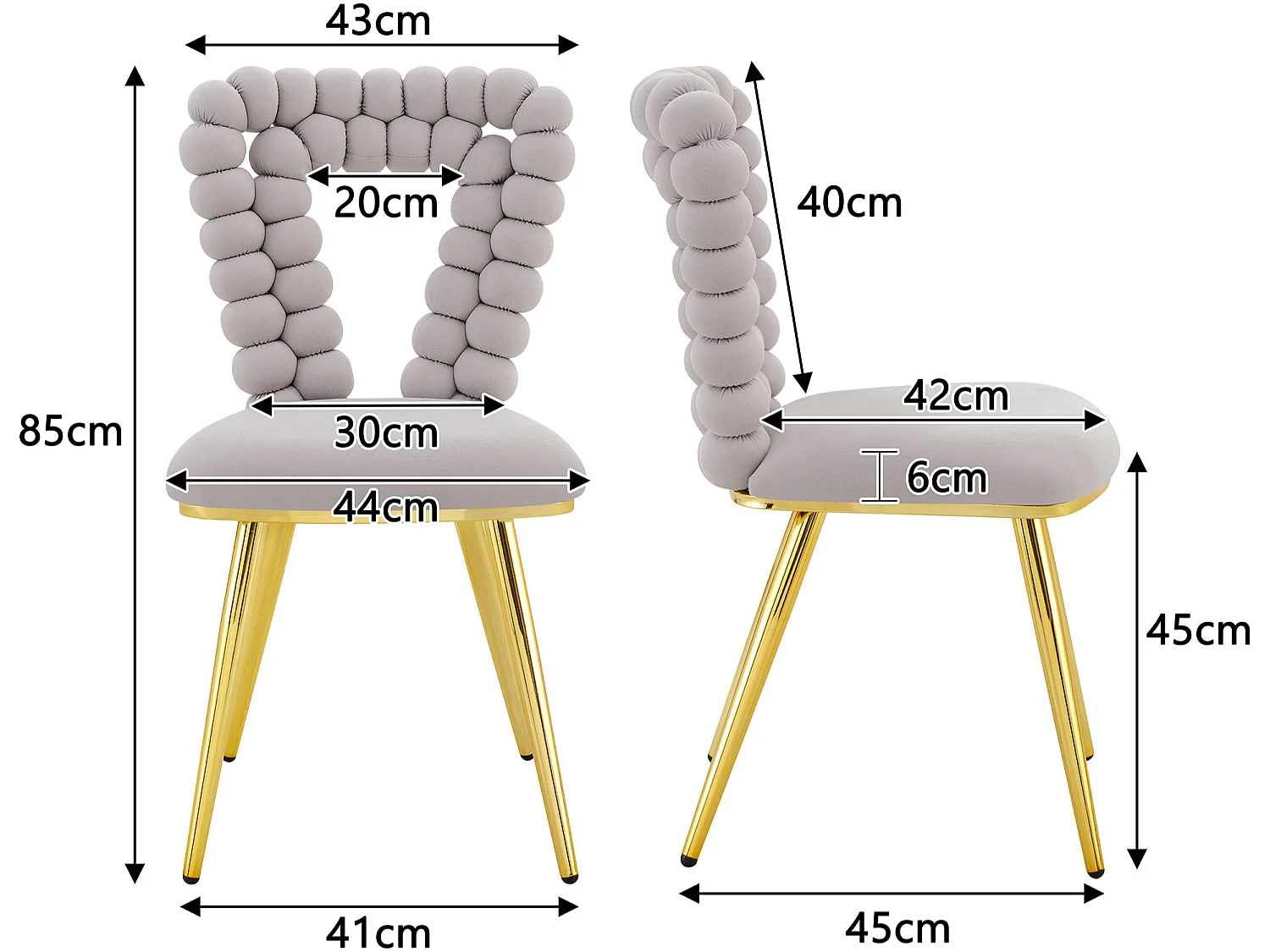 Perle Cœur, Lot de 2 Chaises Salle à Manger en Velours, Chaise Design avec Dossier Évidé en Cœur Formé de Billes Sphériques, Pieds Métal Noir ou Doré