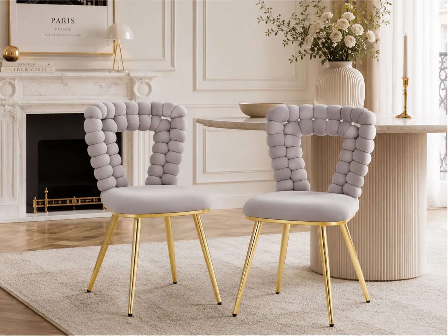 Set van 2 Eetkamerstoelen Velours Perle Angle, Design Stoel met Driehoek Rugleuning, Goud/Zwart Metalen Poten