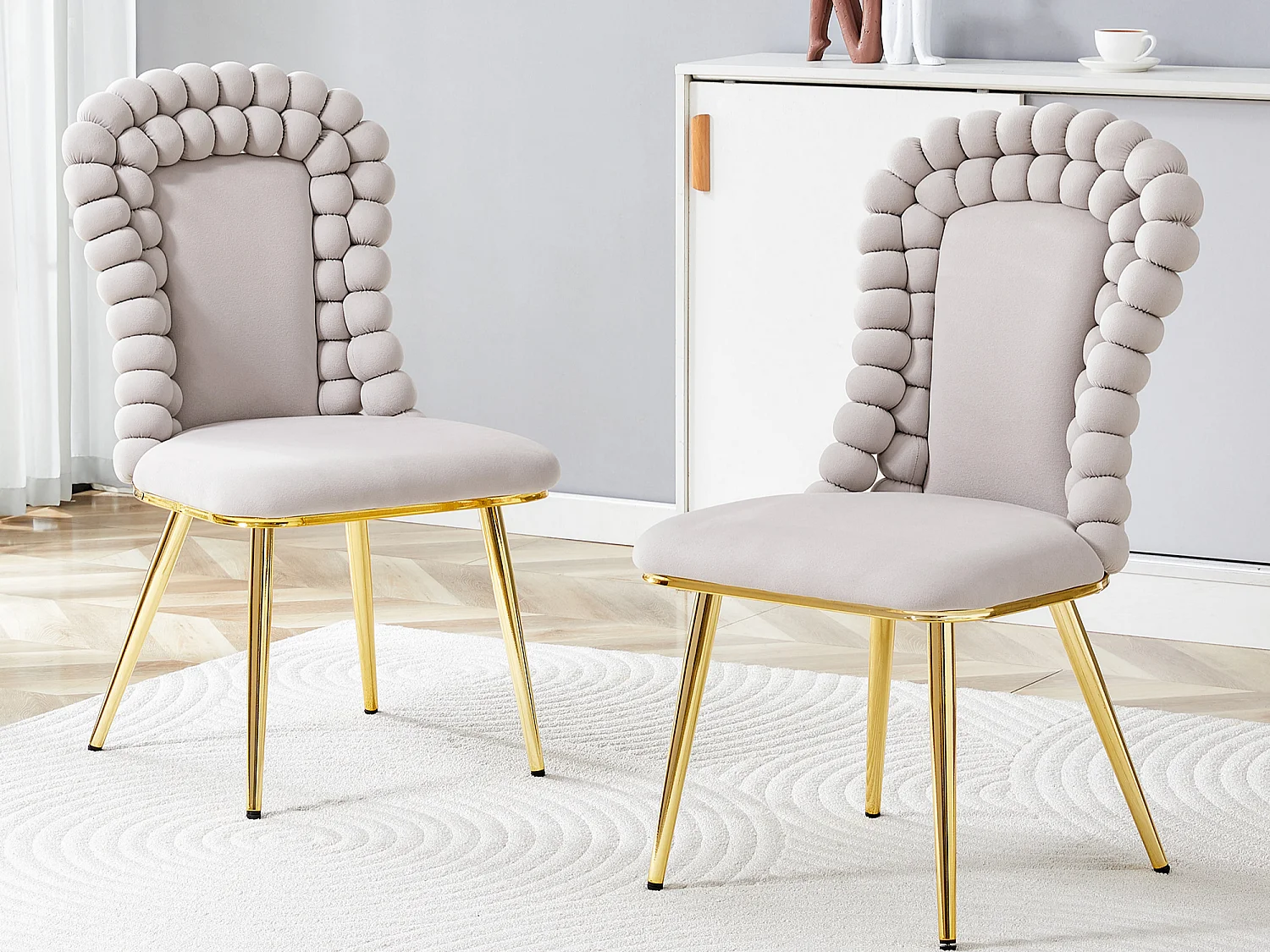 Perle Chaîne Lot de 2 Chaises Salle à Manger en Velours, Chaise Haute Design avec Bordure de Dossier en Billes Sphériques, Pieds Métal Noir ou Doré