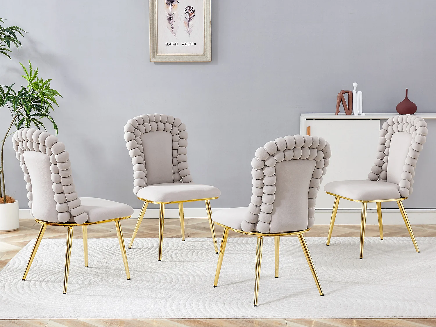 Perle Chaîne Lot de 2 Chaises Salle à Manger en Velours, Chaise Haute Design avec Bordure de Dossier en Billes Sphériques, Pieds Métal Noir ou Doré