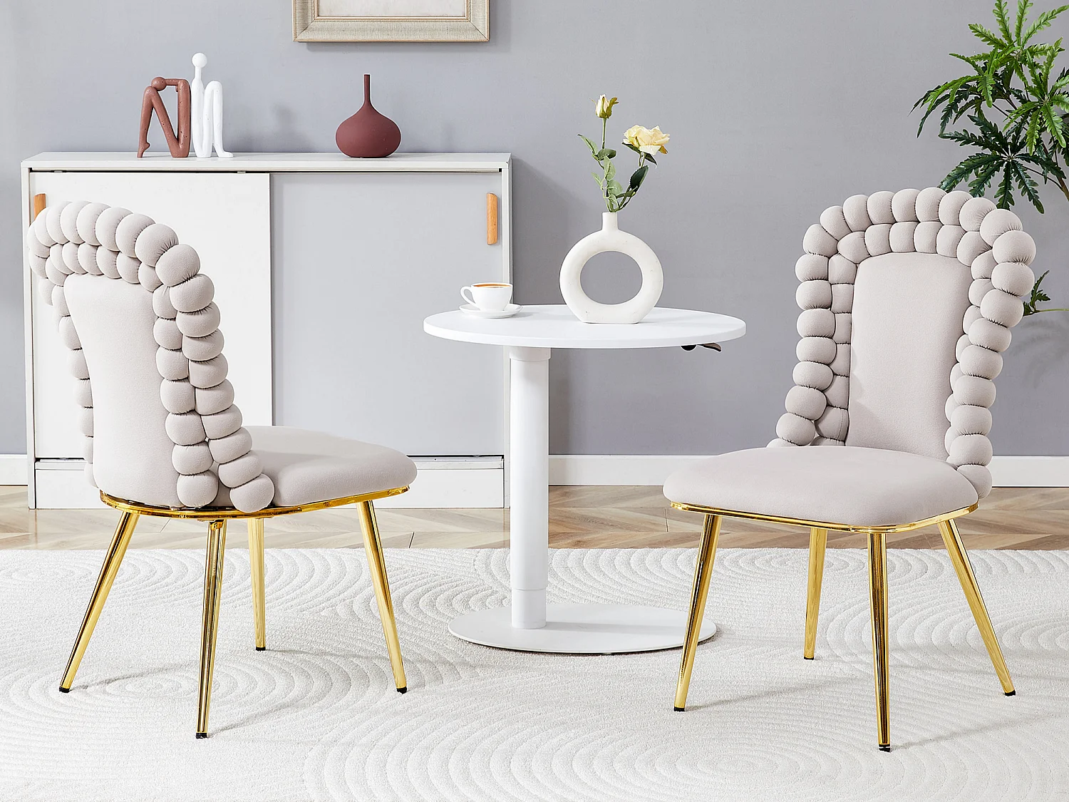 Perle Chaîne Lot de 2 Chaises Salle à Manger en Velours, Chaise Haute Design avec Bordure de Dossier en Billes Sphériques, Pieds Métal Noir ou Doré