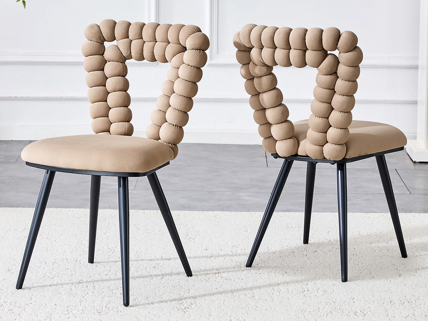 Perle Angle Lot de 2 Chaises Salle à Manger en Velours, Chaise Design avec Dossier Évidé en Triangle Inversé Formé de Billes Sphériques, Pieds Métal Noir ou Doré