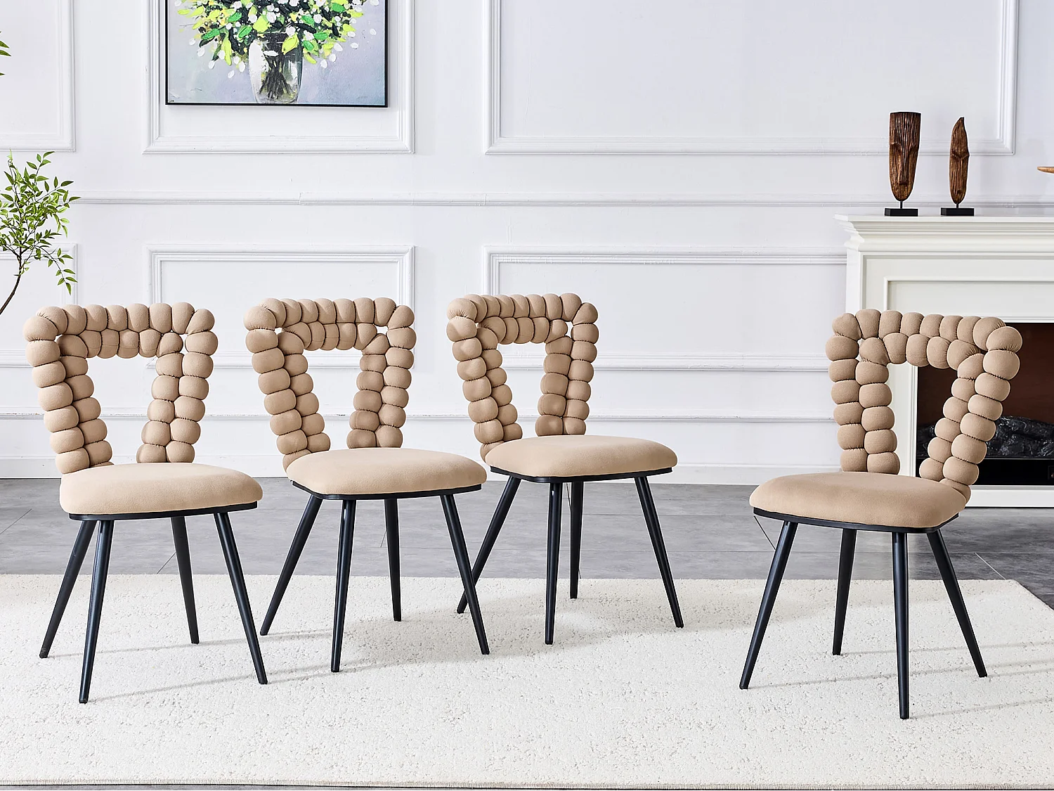 Perle Angle Lot de 2 Chaises Salle à Manger en Velours, Chaise Design avec Dossier Évidé en Triangle Inversé Formé de Billes Sphériques, Pieds Métal Noir ou Doré
