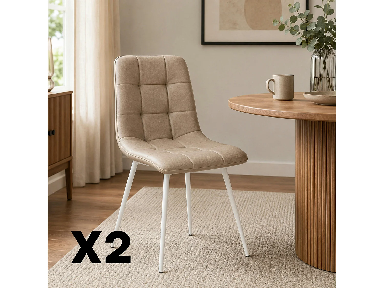 Chaise taupe motif damier pieds blancs (x2) LORA