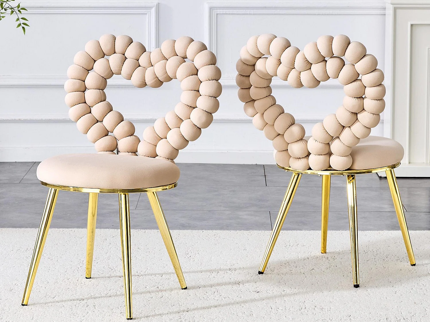 Perle Cœur, Lot de 2 Chaises Salle à Manger en Velours, Chaise Design avec Dossier Évidé en Cœur Formé de Billes Sphériques, Pieds Métal Noir ou Doré