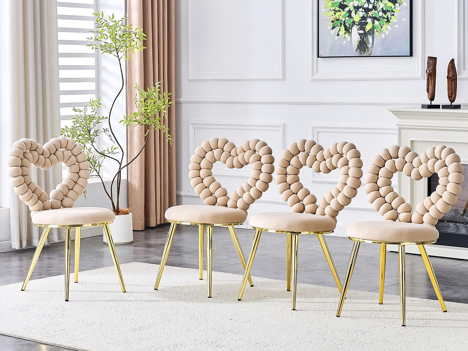 Perle Cœur, Lot de 2 Chaises Salle à Manger en Velours, Chaise Design avec Dossier Évidé en Cœur Formé de Billes Sphériques, Pieds Métal Noir ou Doré