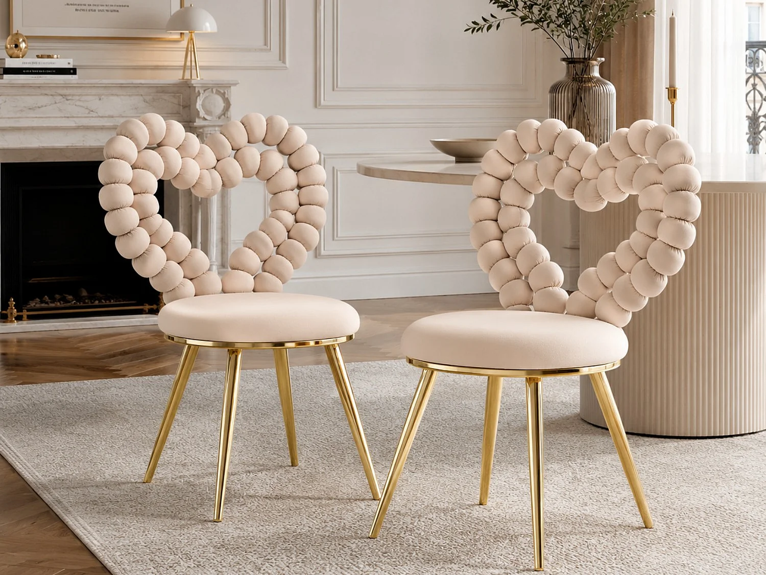 Set van 2 Eetkamerstoelen Velours Perle Cœur, Design Stoel met Hart Rugleuning, Goud of Zwart Metalen Poten