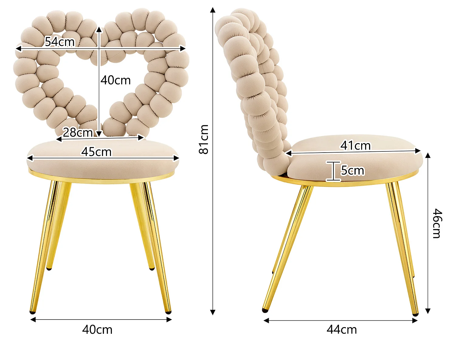 Perle Cœur, Lot de 2 Chaises Salle à Manger en Velours, Chaise Design avec Dossier Évidé en Cœur Formé de Billes Sphériques, Pieds Métal Noir ou Doré