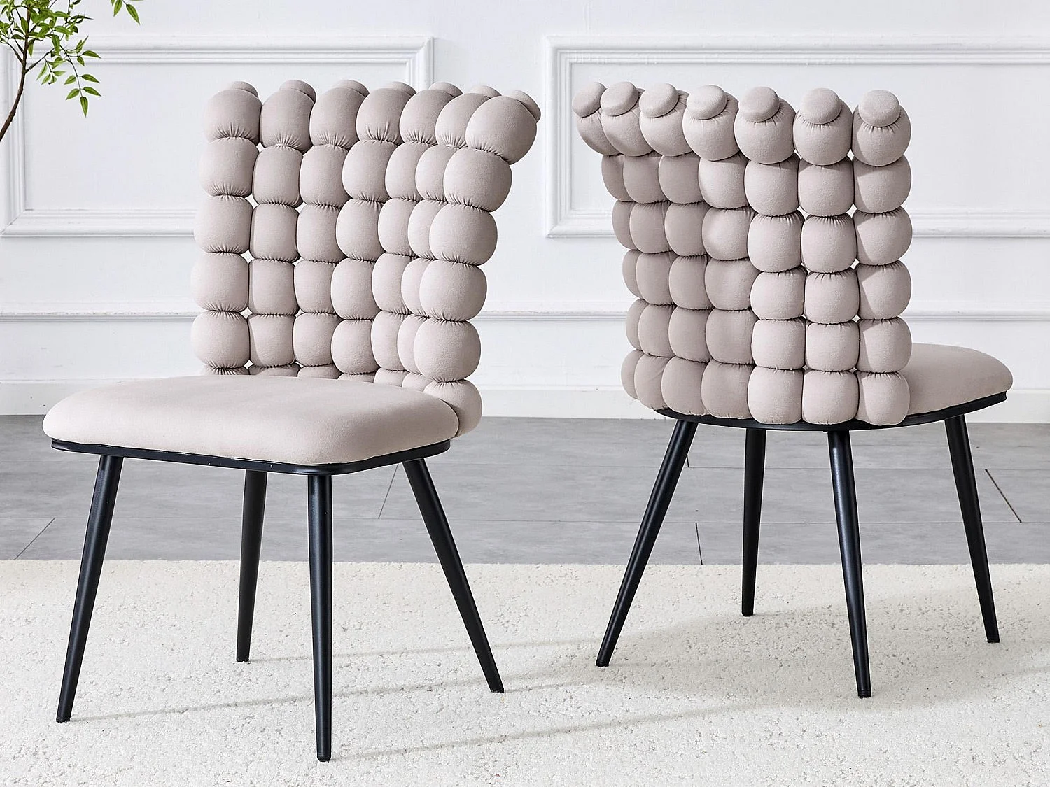 Perle Bloc Lot de 2 Chaises Salle à Manger en Velours, Chaise Design avec Dossier Carré Plein Formé de Billes Sphériques, Pieds Métal Noir pour Salon et Bureau