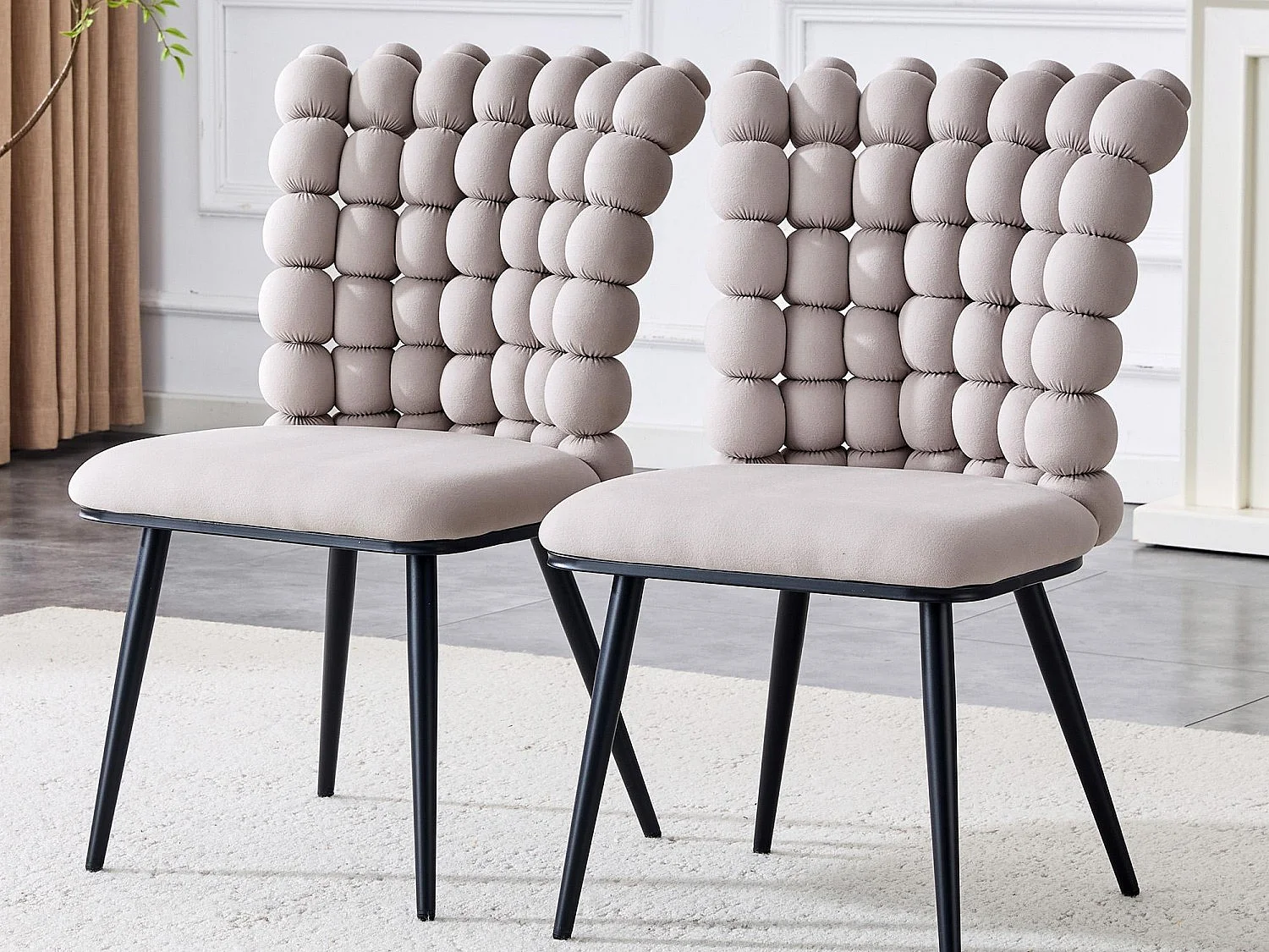 Perle Bloc Lot de 2 Chaises Salle à Manger en Velours, Chaise Design avec Dossier Carré Plein Formé de Billes Sphériques, Pieds Métal Noir pour Salon et Bureau