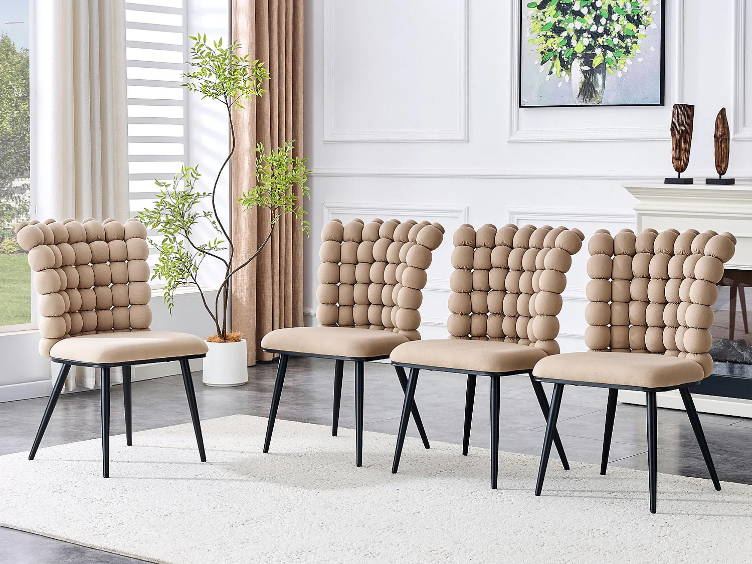 Perle Bloc Lot de 2 Chaises Salle à Manger en Velours, Chaise Design avec Dossier Carré Plein Formé de Billes Sphériques, Pieds Métal Noir pour Salon et Bureau
