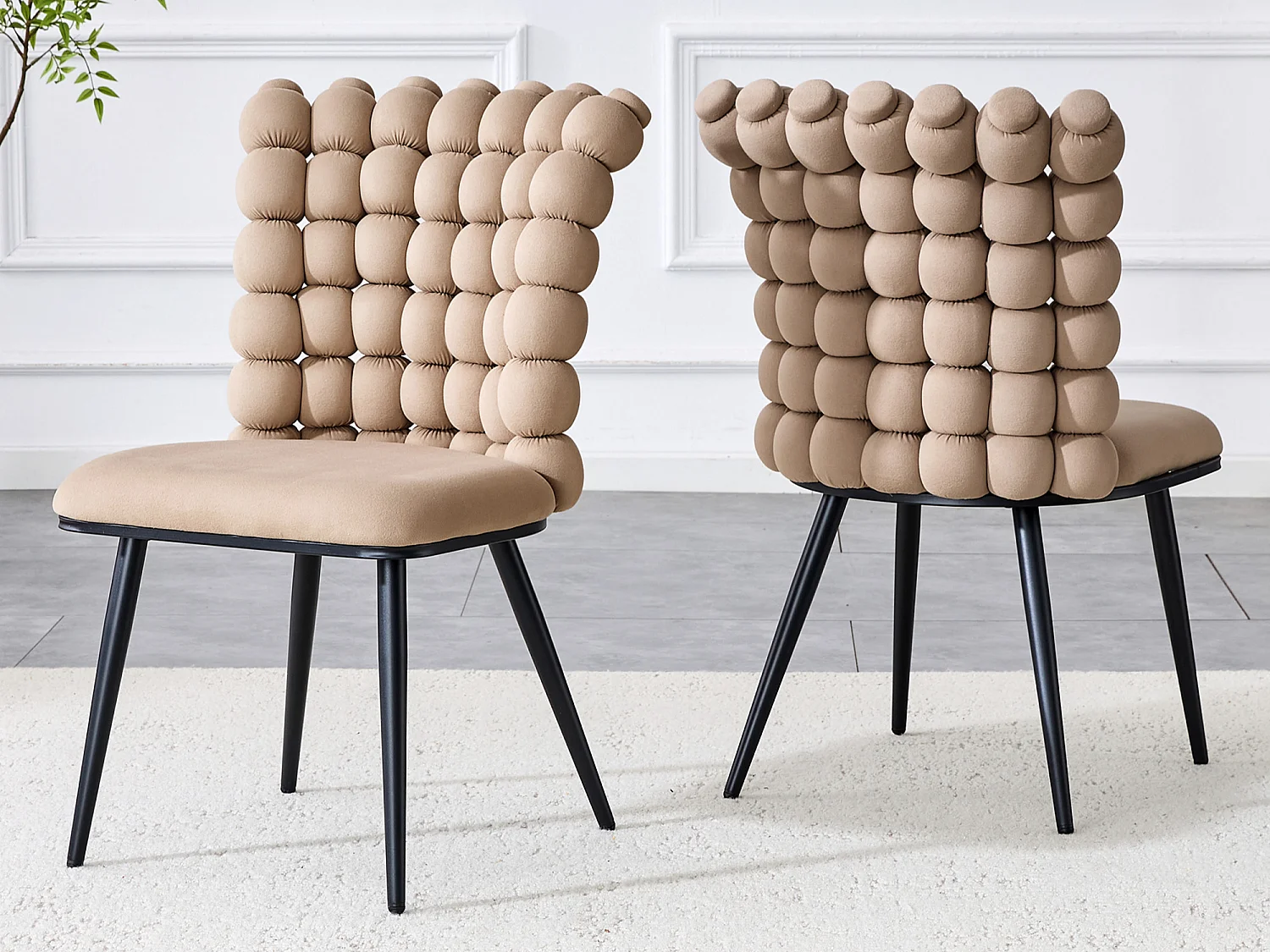 Perle Bloc Lot de 2 Chaises Salle à Manger en Velours, Chaise Design avec Dossier Carré Plein Formé de Billes Sphériques, Pieds Métal Noir pour Salon et Bureau