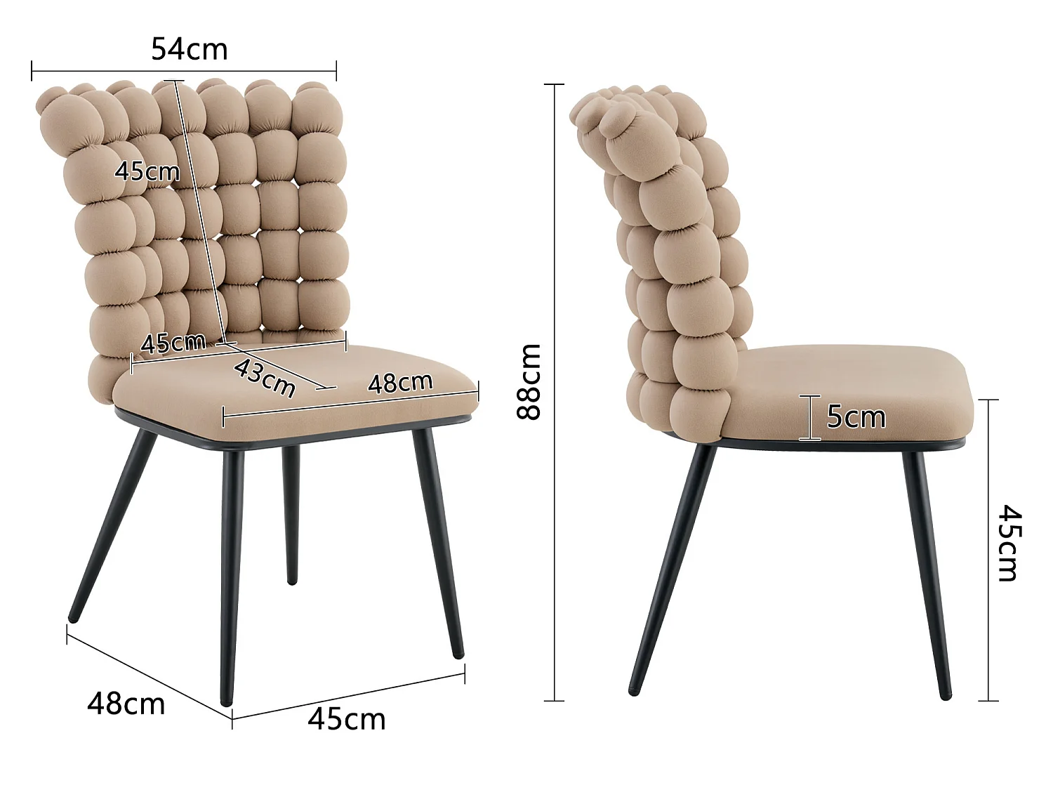 Perle Bloc Lot de 2 Chaises Salle à Manger en Velours, Chaise Design avec Dossier Carré Plein Formé de Billes Sphériques, Pieds Métal Noir pour Salon et Bureau