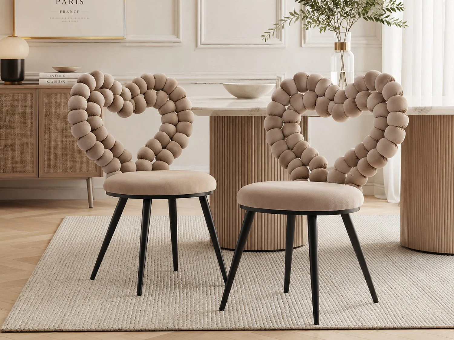 Set van 2 Eetkamerstoelen Velours Perle Cœur, Design Stoel met Hart Rugleuning, Goud of Zwart Metalen Poten