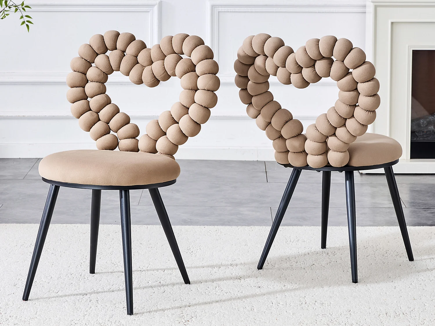 Perle Cœur, Lot de 2 Chaises Salle à Manger en Velours, Chaise Design avec Dossier Évidé en Cœur Formé de Billes Sphériques, Pieds Métal Noir ou Doré