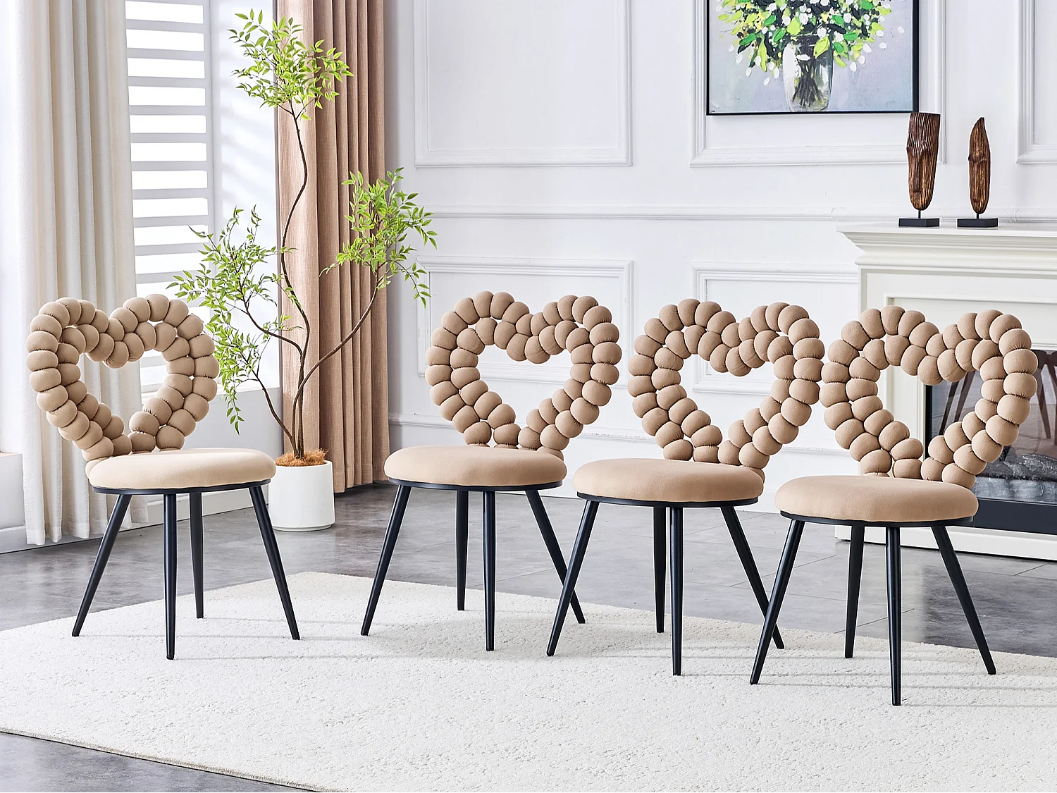 Perle Cœur, Lot de 2 Chaises Salle à Manger en Velours, Chaise Design avec Dossier Évidé en Cœur Formé de Billes Sphériques, Pieds Métal Noir ou Doré