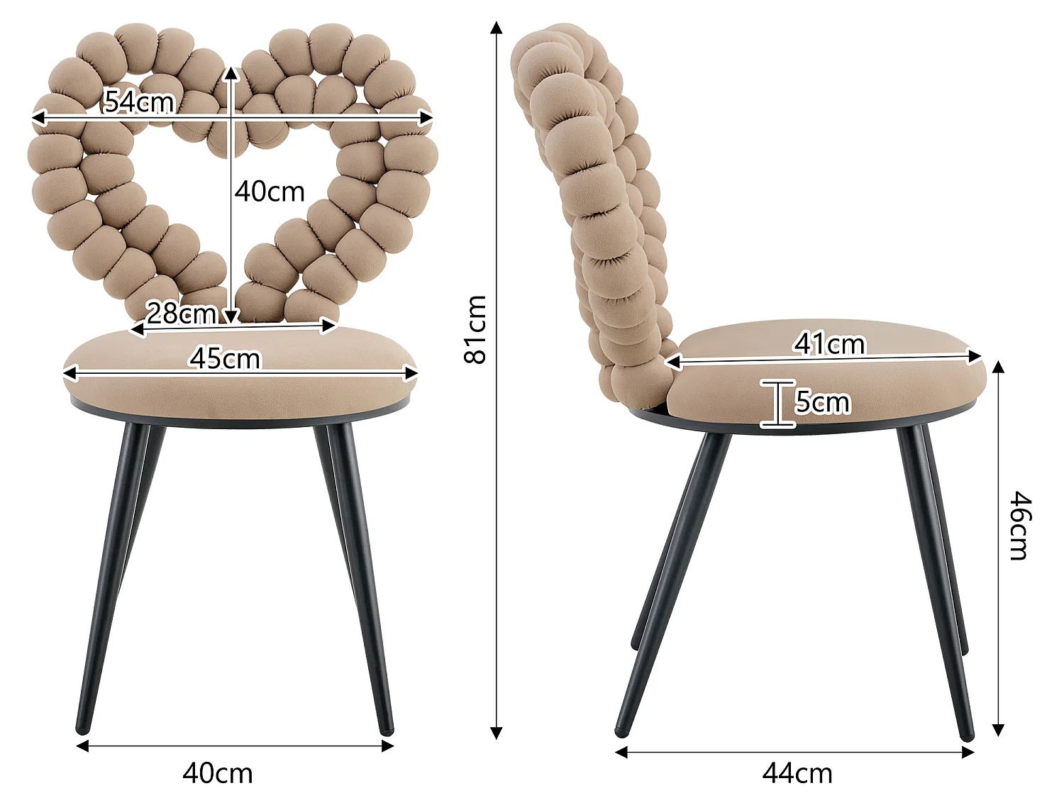 Perle Cœur, Lot de 2 Chaises Salle à Manger en Velours, Chaise Design avec Dossier Évidé en Cœur Formé de Billes Sphériques, Pieds Métal Noir ou Doré
