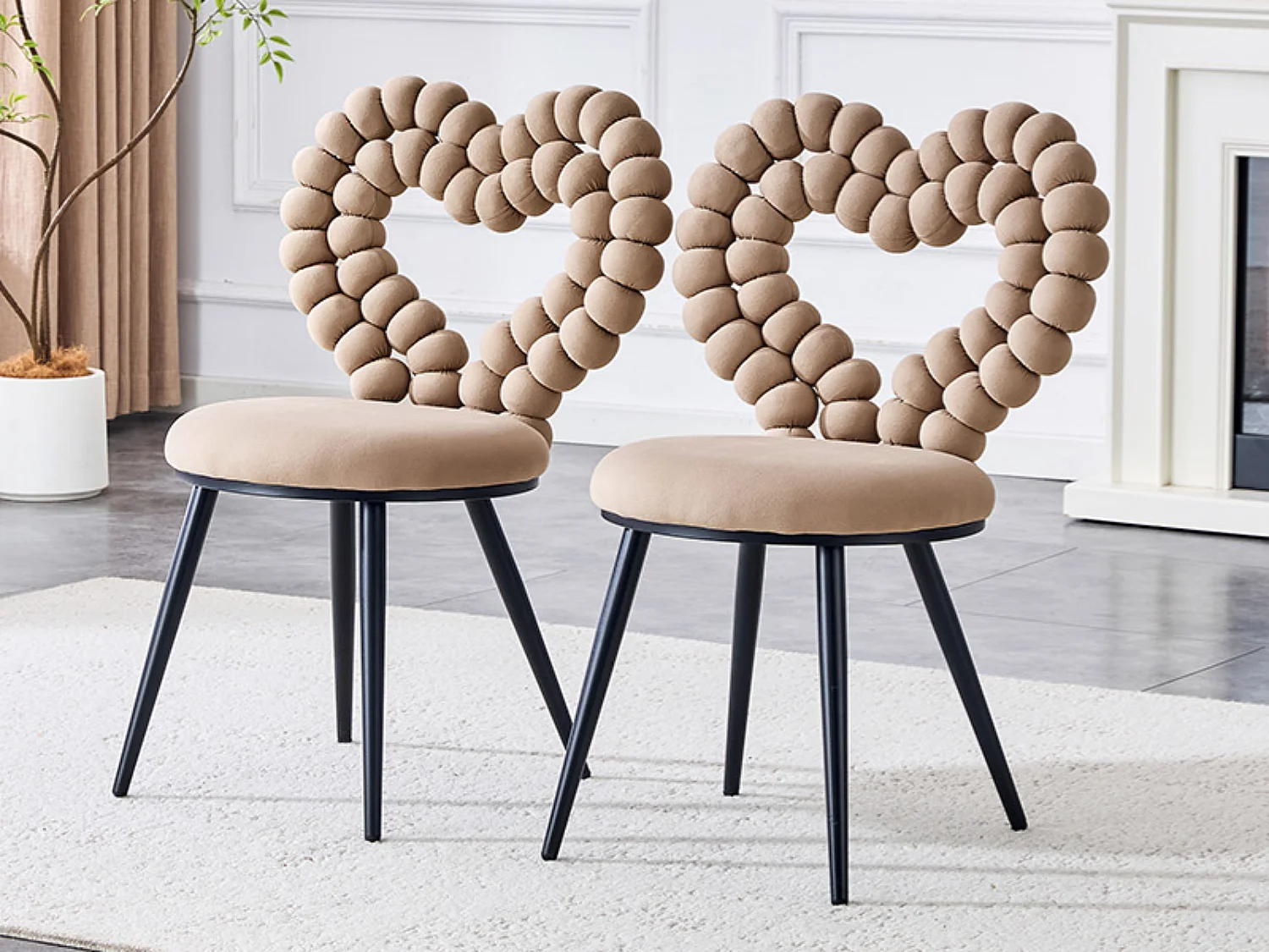 Perle Cœur, Lot de 2 Chaises Salle à Manger en Velours, Chaise Design avec Dossier Évidé en Cœur Formé de Billes Sphériques, Pieds Métal Noir ou Doré