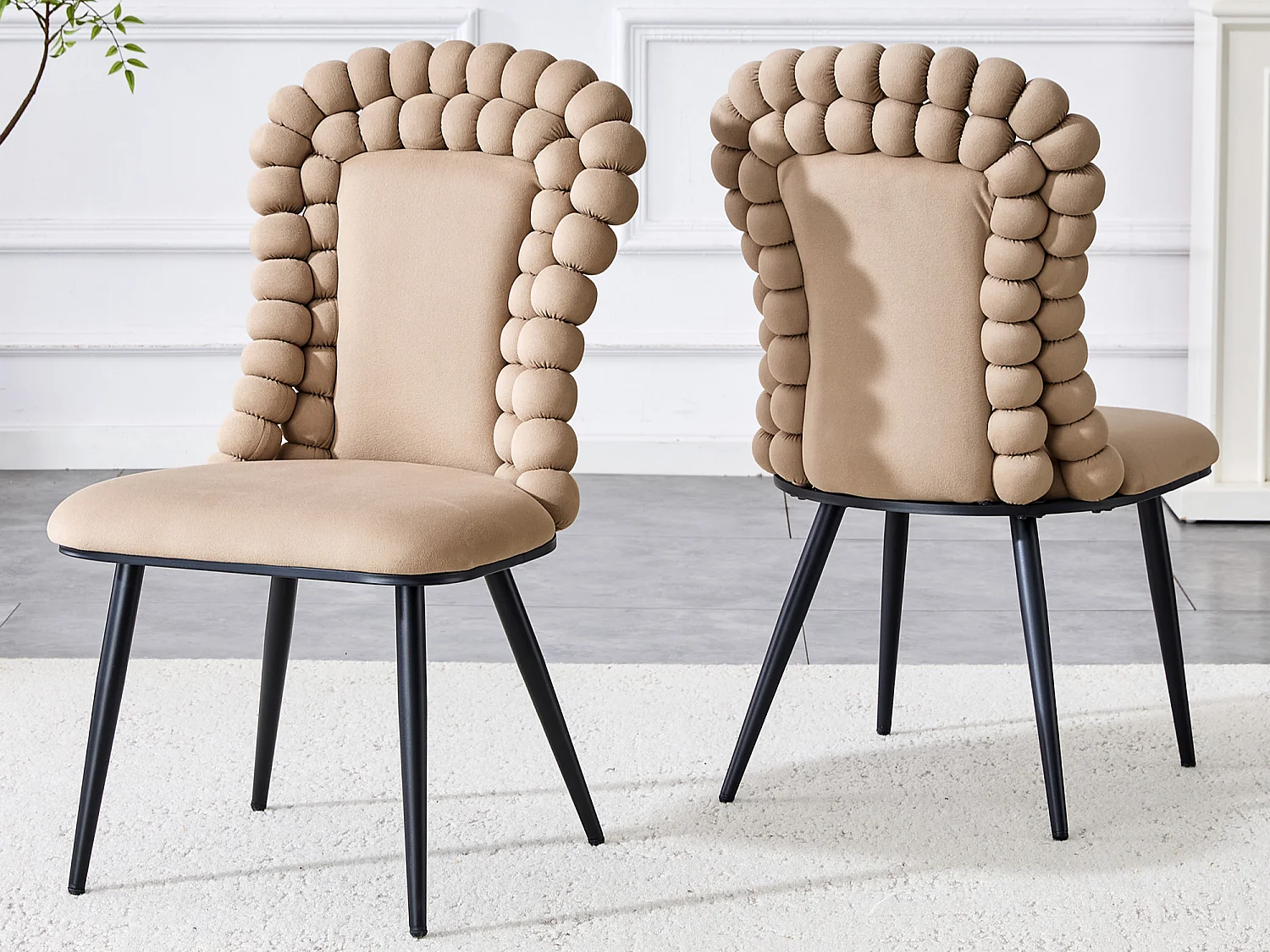 Perle Chaîne Lot de 2 Chaises Salle à Manger en Velours, Chaise Haute Design avec Bordure de Dossier en Billes Sphériques, Pieds Métal Noir ou Doré