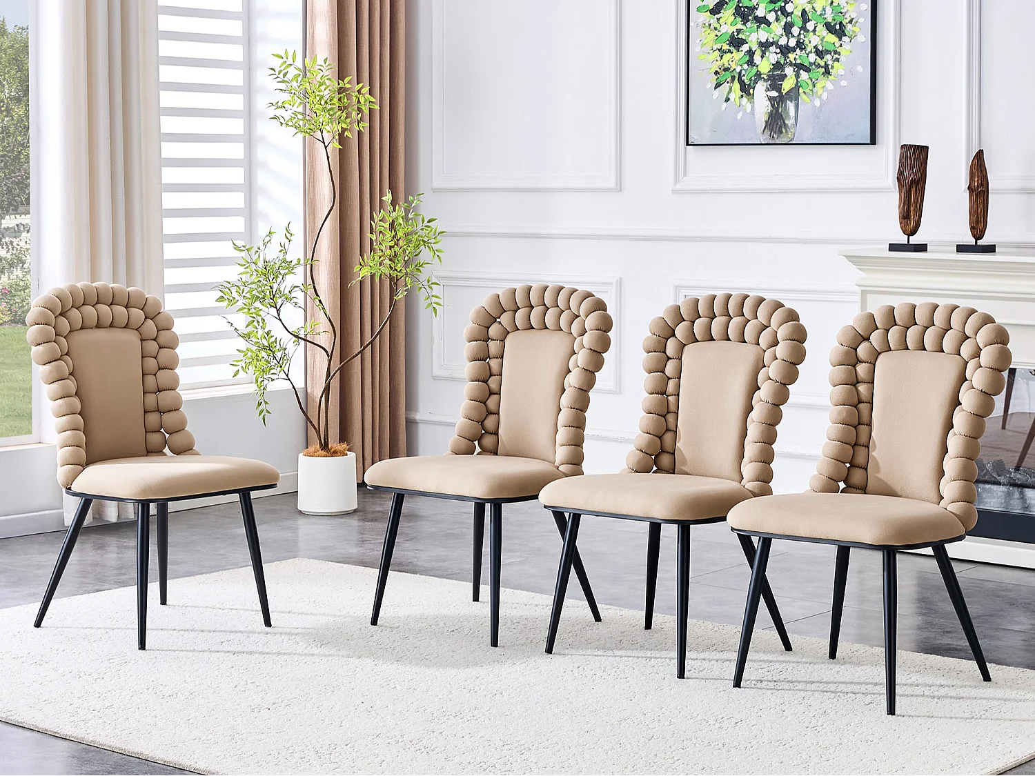 Perle Chaîne Lot de 2 Chaises Salle à Manger en Velours, Chaise Haute Design avec Bordure de Dossier en Billes Sphériques, Pieds Métal Noir ou Doré
