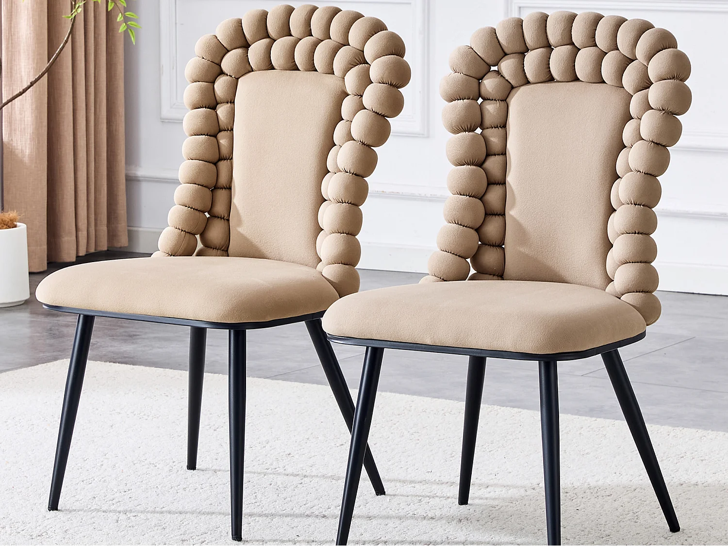 Perle Chaîne Lot de 2 Chaises Salle à Manger en Velours, Chaise Haute Design avec Bordure de Dossier en Billes Sphériques, Pieds Métal Noir ou Doré