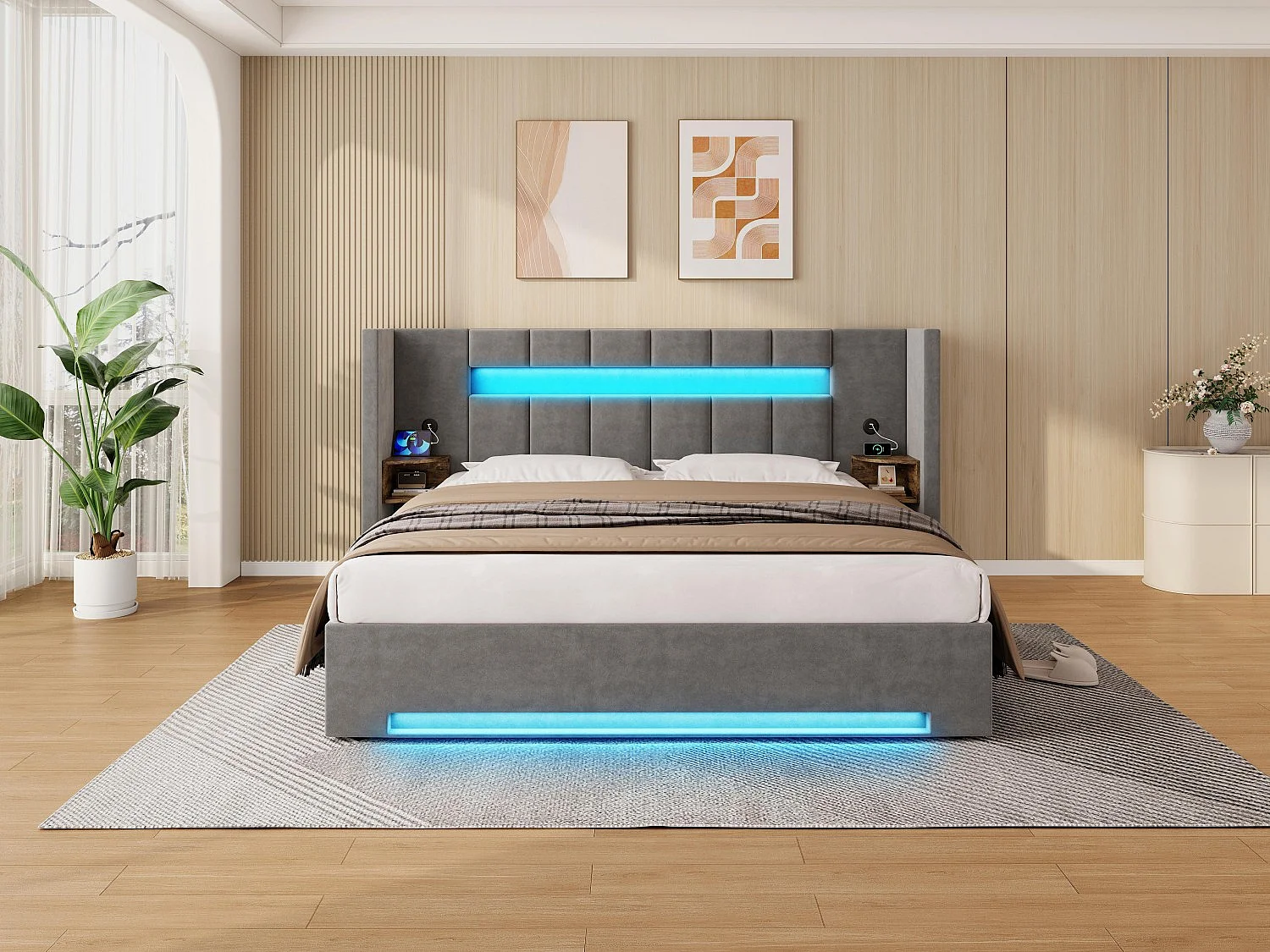 Lit Coffre 2 Places en Velours avec Rangement Hydraulique Prises USB Intégrées et Tables de Chevet Rétro Intégrées Sommier Relevable Chic