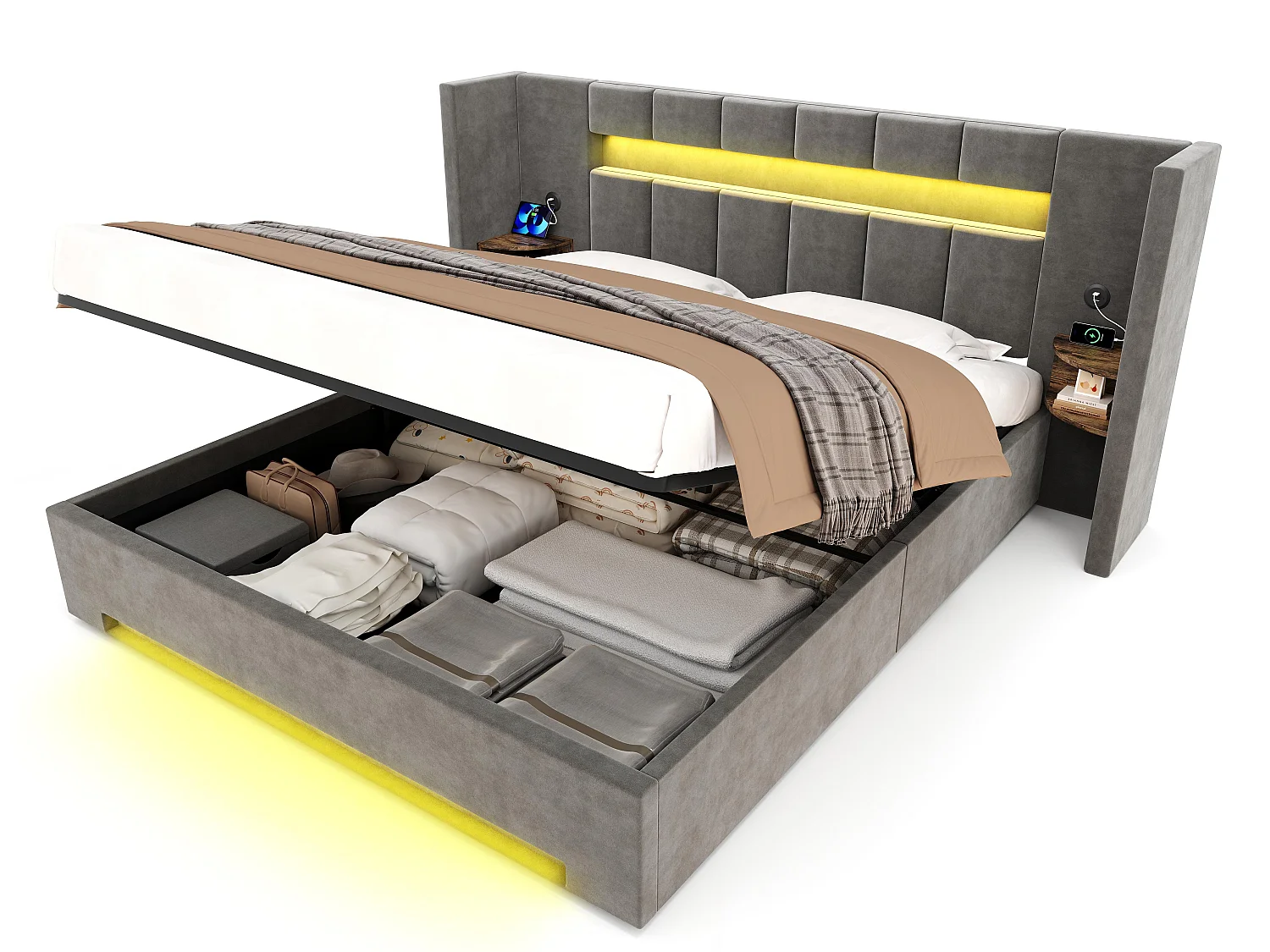 Lit Coffre 2 Places en Velours avec Rangement Hydraulique Prises USB Intégrées et Tables de Chevet Rétro Intégrées Sommier Relevable Chic