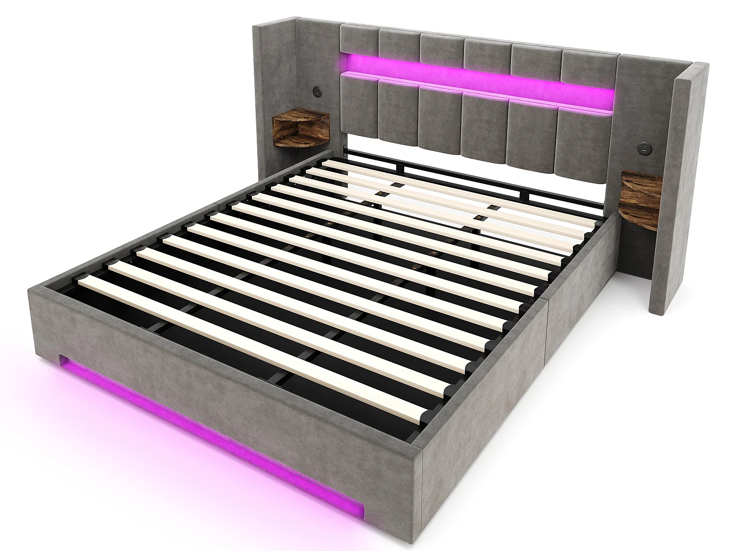 Lit Coffre 2 Places en Velours avec Rangement Hydraulique Prises USB Intégrées et Tables de Chevet Rétro Intégrées Sommier Relevable Chic