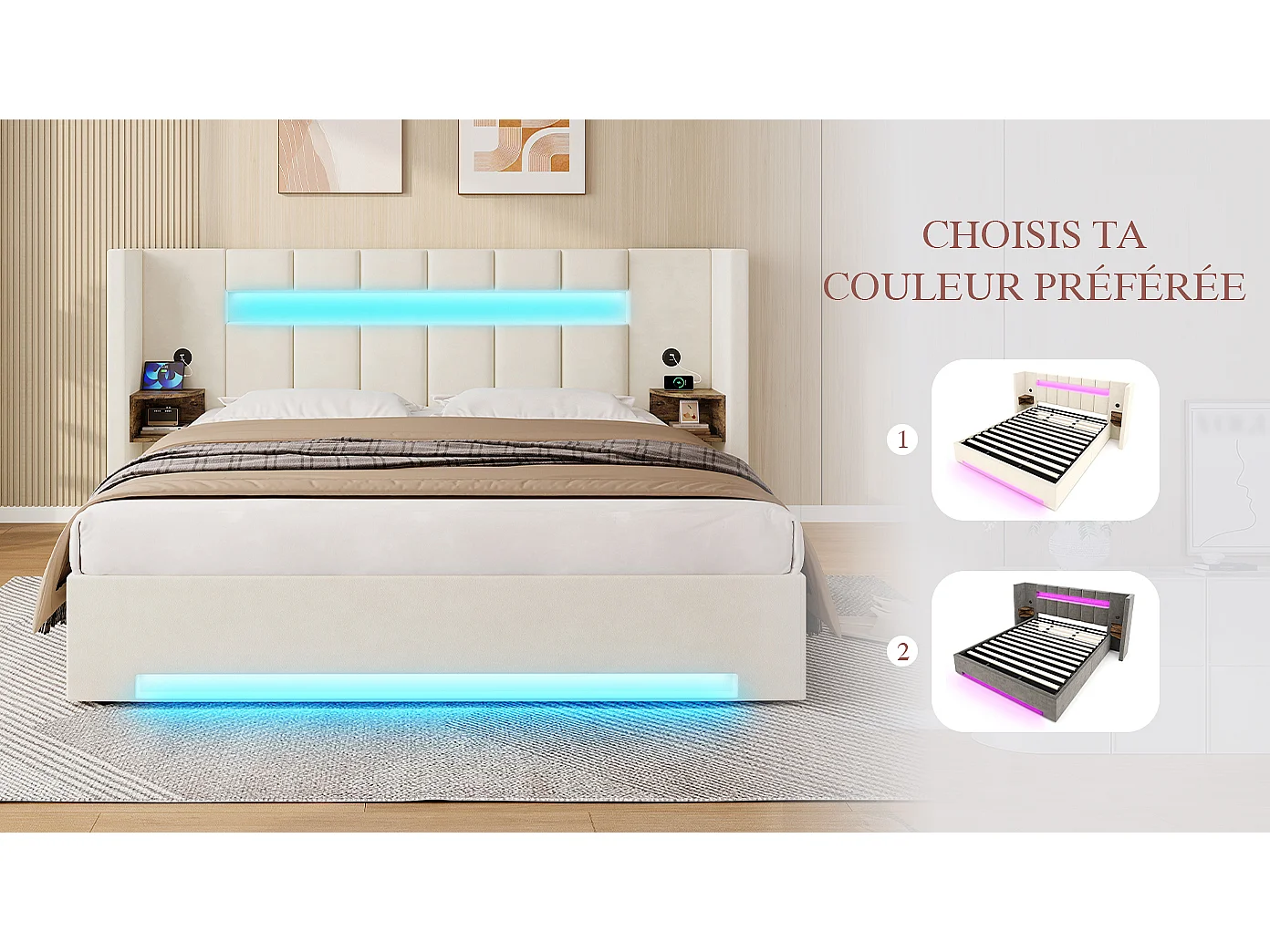 Lit Coffre 2 Places en Velours avec Rangement Hydraulique Prises USB Intégrées et Tables de Chevet Rétro Intégrées Sommier Relevable Chic