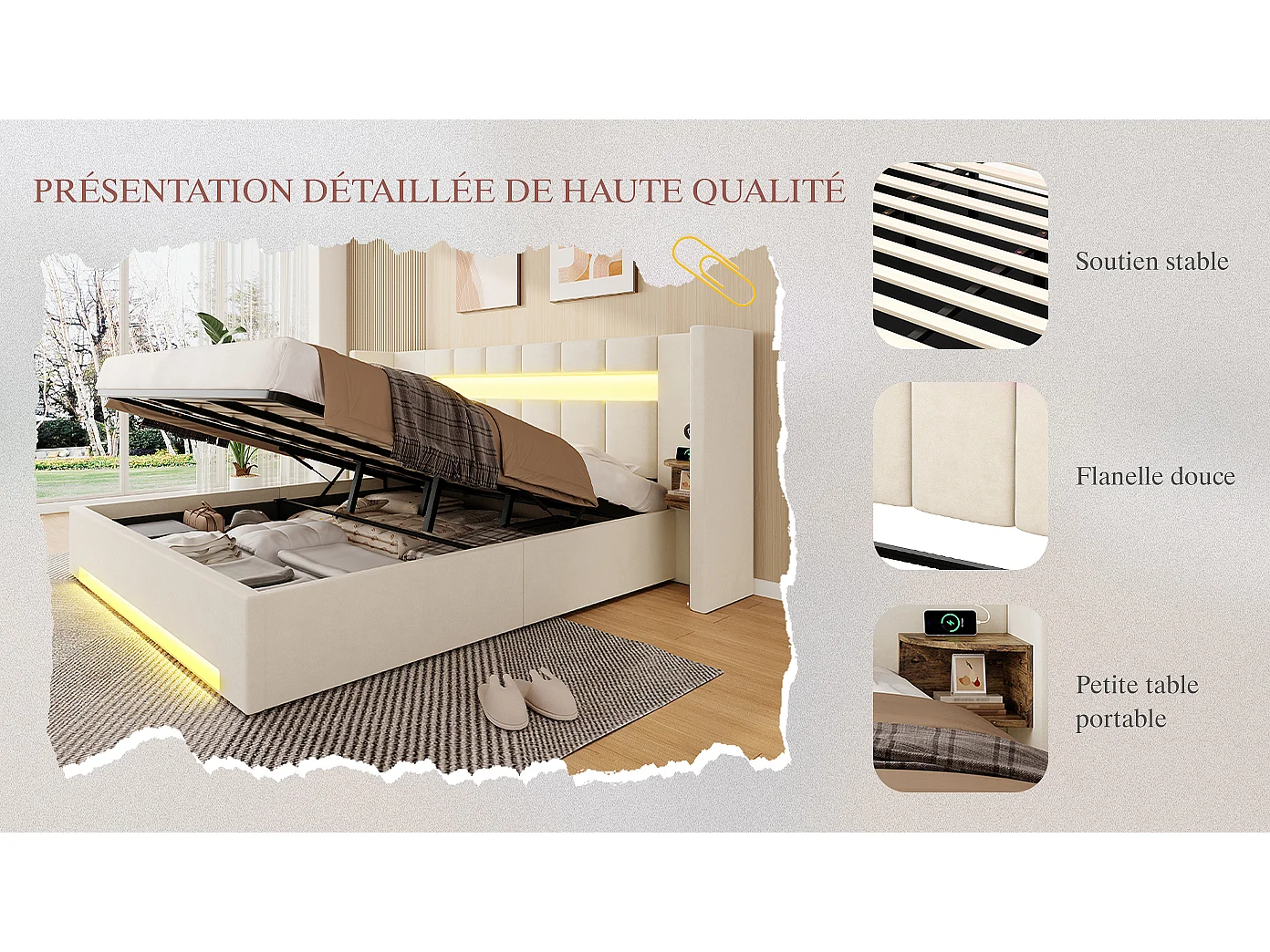 Lit Coffre 2 Places en Velours avec Rangement Hydraulique Prises USB Intégrées et Tables de Chevet Rétro Intégrées Sommier Relevable Chic