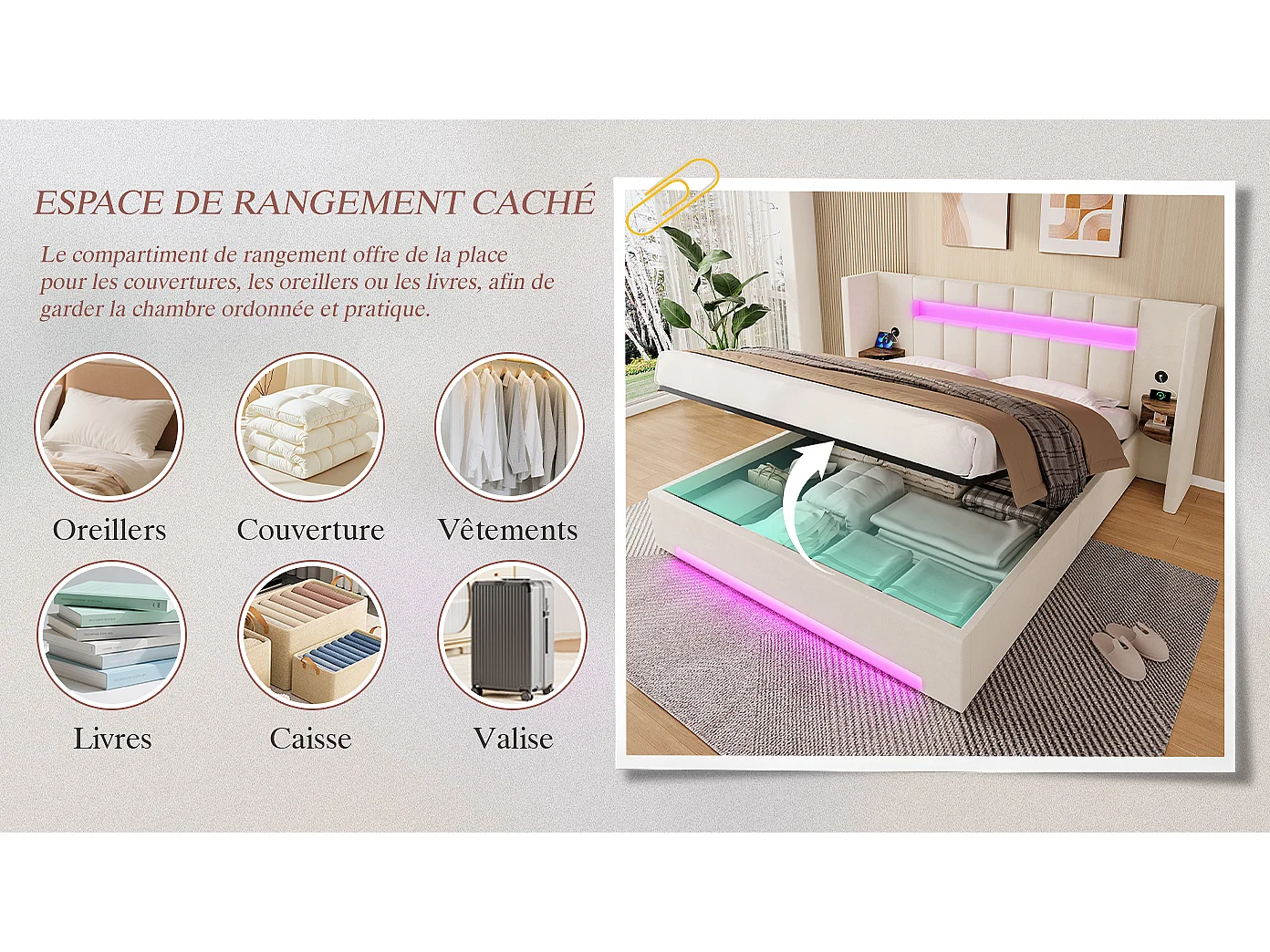 Lit Coffre 2 Places en Velours avec Rangement Hydraulique Prises USB Intégrées et Tables de Chevet Rétro Intégrées Sommier Relevable Chic