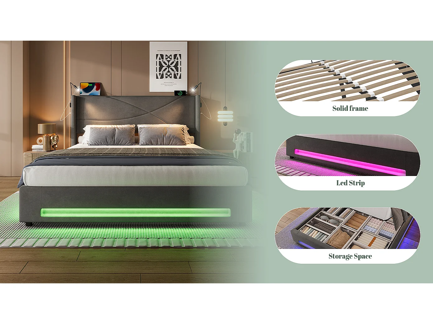 Lit Coffre en Velours avec Sommier à Lattes, Tête de Lit LED, Liseuses et Ports USB, Cadre de Lit Double 140x200, 300kg (Matelas non inclus)