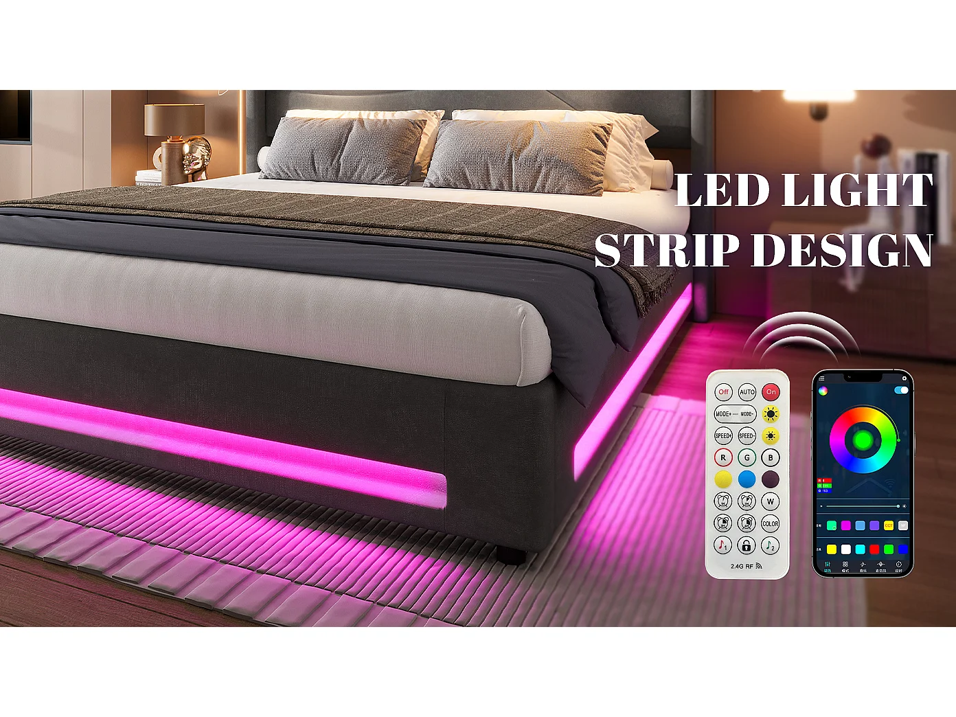 Lit Coffre en Velours avec Sommier à Lattes, Tête de Lit LED, Liseuses et Ports USB, Cadre de Lit Double 140x200, 300kg (Matelas non inclus)