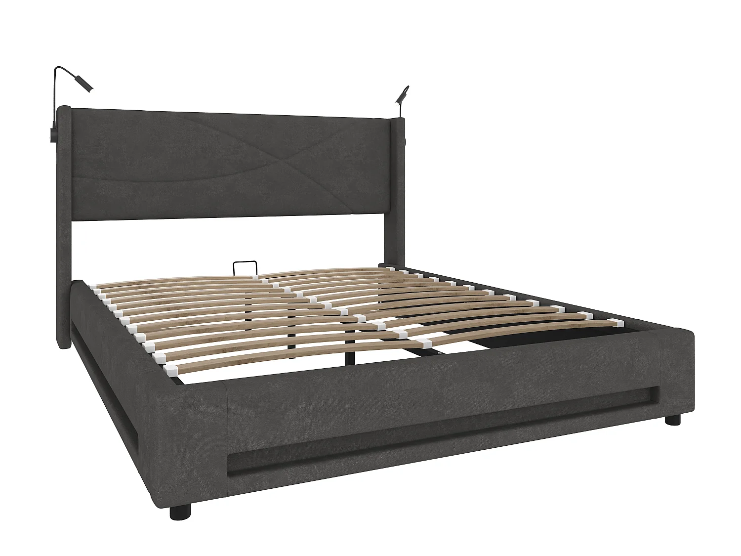 Lit Coffre en Velours avec Sommier à Lattes, Tête de Lit LED, Liseuses et Ports USB, Cadre de Lit Double 140x200, 300kg (Matelas non inclus)