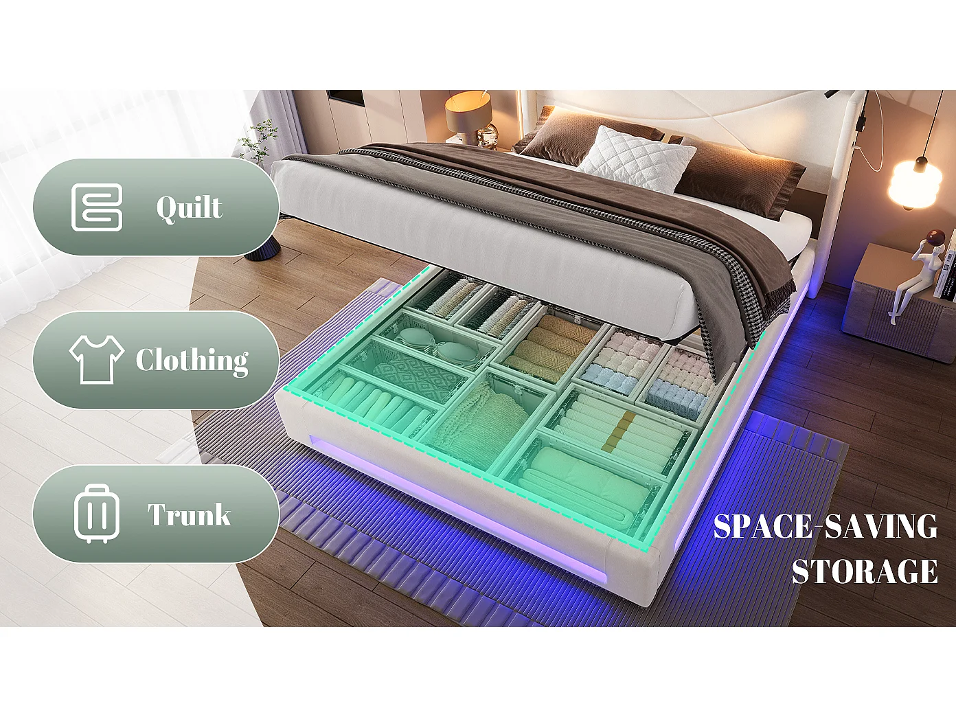 Lit Coffre en Velours avec Sommier à Lattes, Tête de Lit LED, Liseuses et Ports USB, Cadre de Lit Double 140x200, 300kg (Matelas non inclus)