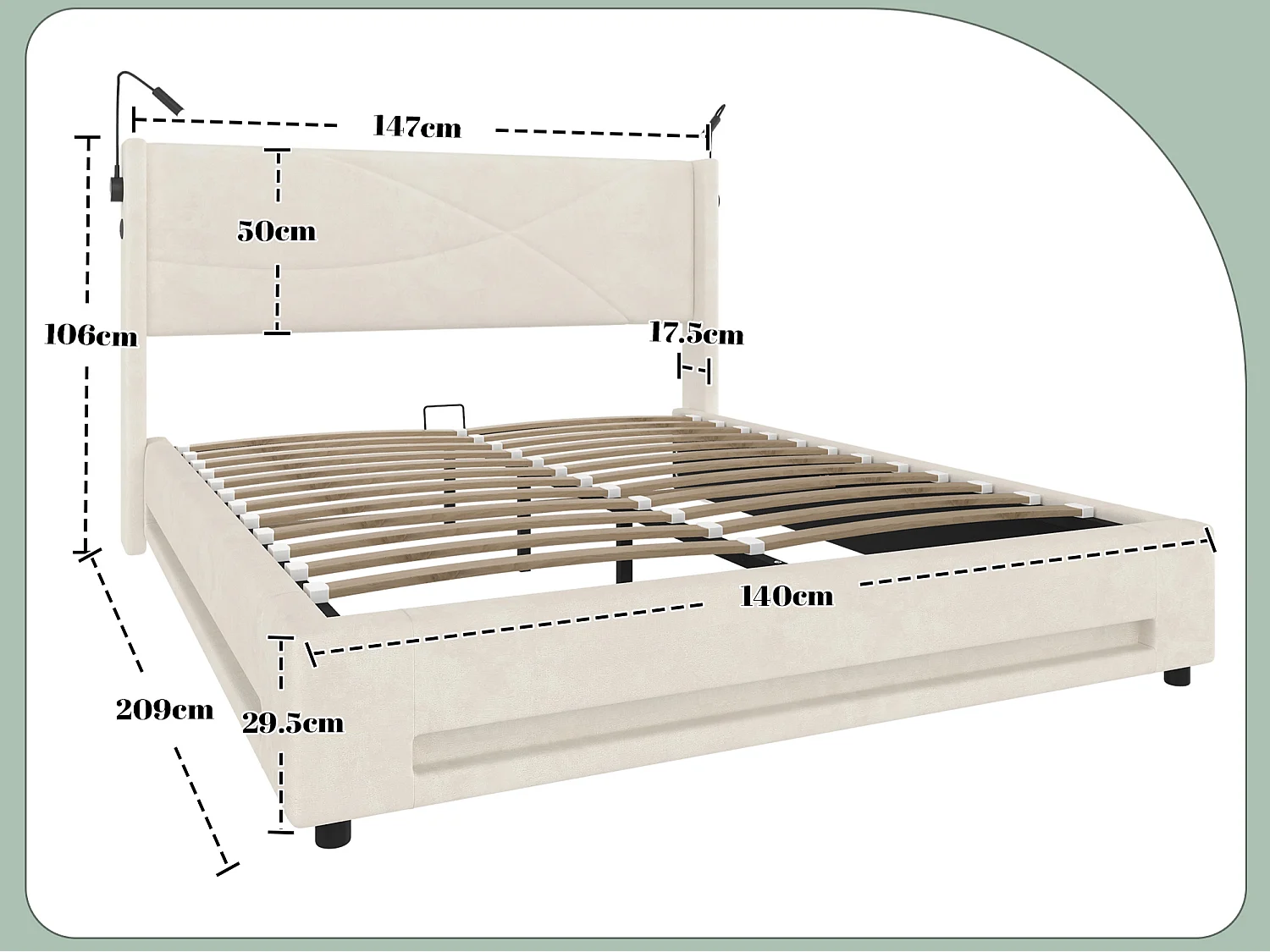 Lit Coffre en Velours avec Sommier à Lattes, Tête de Lit LED, Liseuses et Ports USB, Cadre de Lit Double 140x200, 300kg (Matelas non inclus)