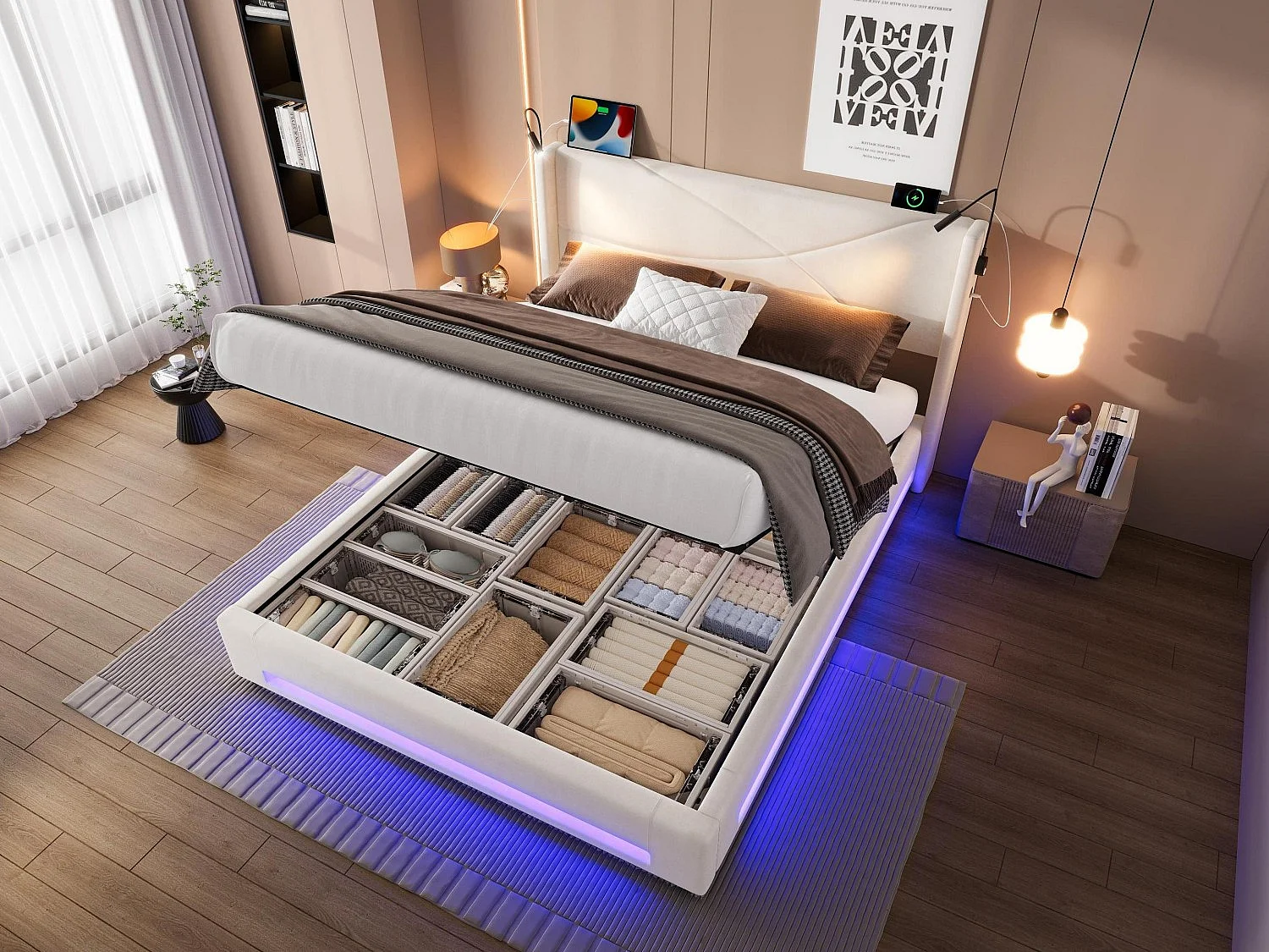 Lit Coffre en Velours avec Sommier à Lattes, Tête de Lit LED, Liseuses et Ports USB, Cadre de Lit Double 160x200, 300kg (Matelas non inclus)