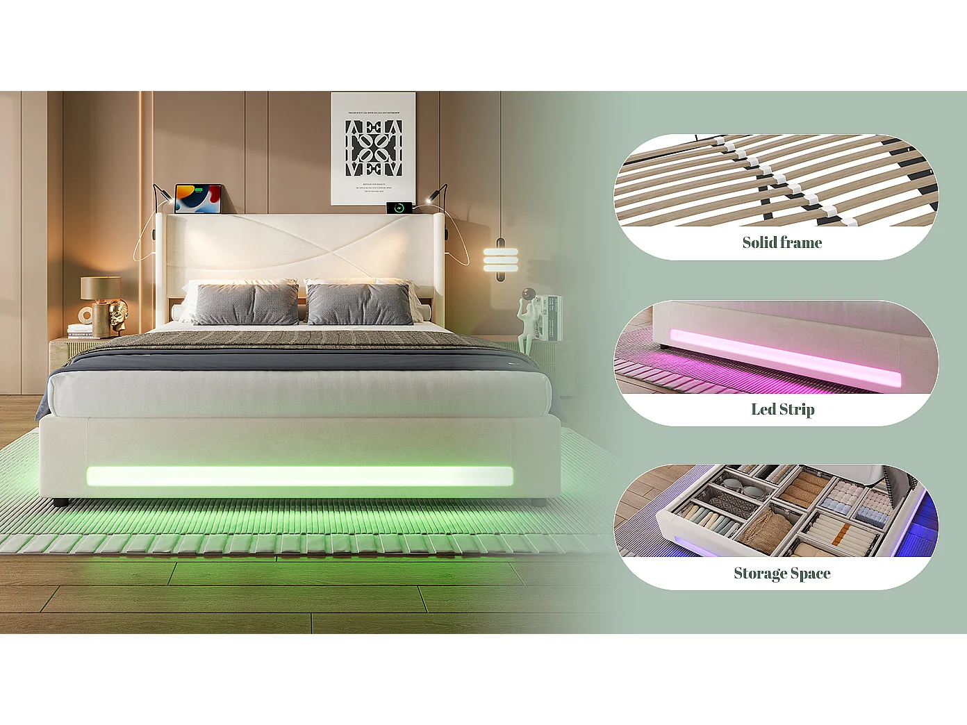 Lit Coffre en Velours avec Sommier à Lattes, Tête de Lit LED, Liseuses et Ports USB, Cadre de Lit Double 160x200, 300kg (Matelas non inclus)