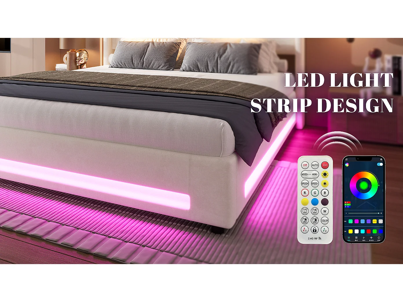 Lit Coffre en Velours avec Sommier à Lattes, Tête de Lit LED, Liseuses et Ports USB, Cadre de Lit Double 160x200, 300kg (Matelas non inclus)